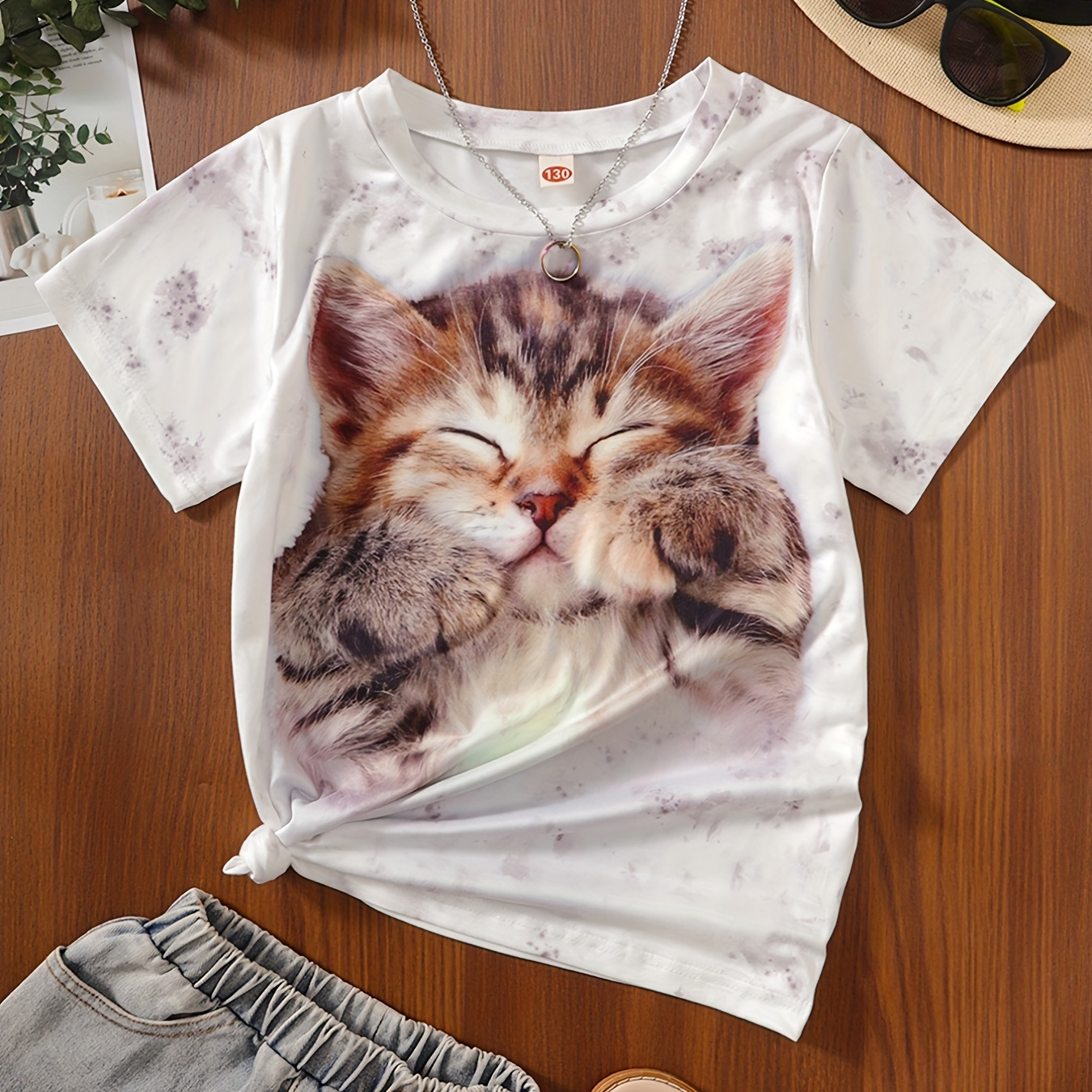 

Girls Casual Cute Cartoon Kitten Graphic Short Sleeve T-shirt For Summer Holiday Party