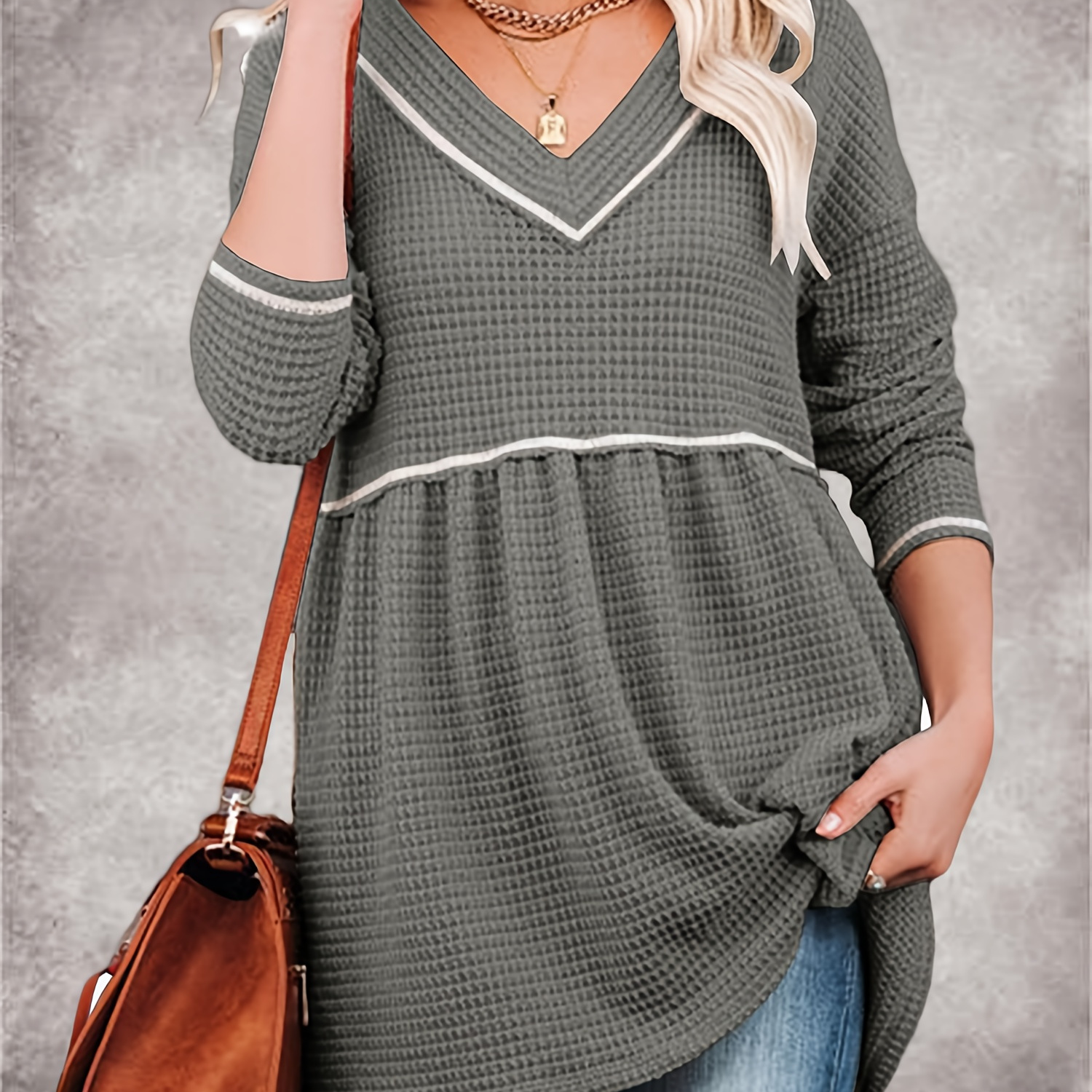 

Womens V Neck Waffle Tunic Top Long Sleeve Peplum Pullover Babydoll Casual Flowy Swing Tshirts Pullover Sweaters