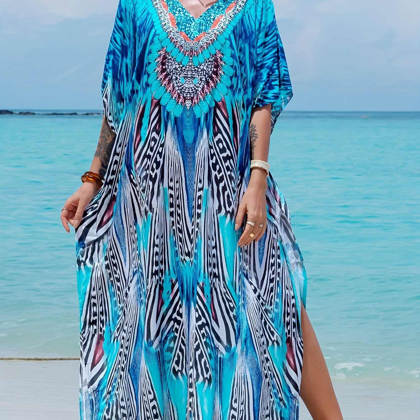 

Blue Allover Print Side Split Cover Up Dress, Loose Fur V Neck Short Sleeve Beach Kaftan, Women's Swimwear & Clothing For Holiday
