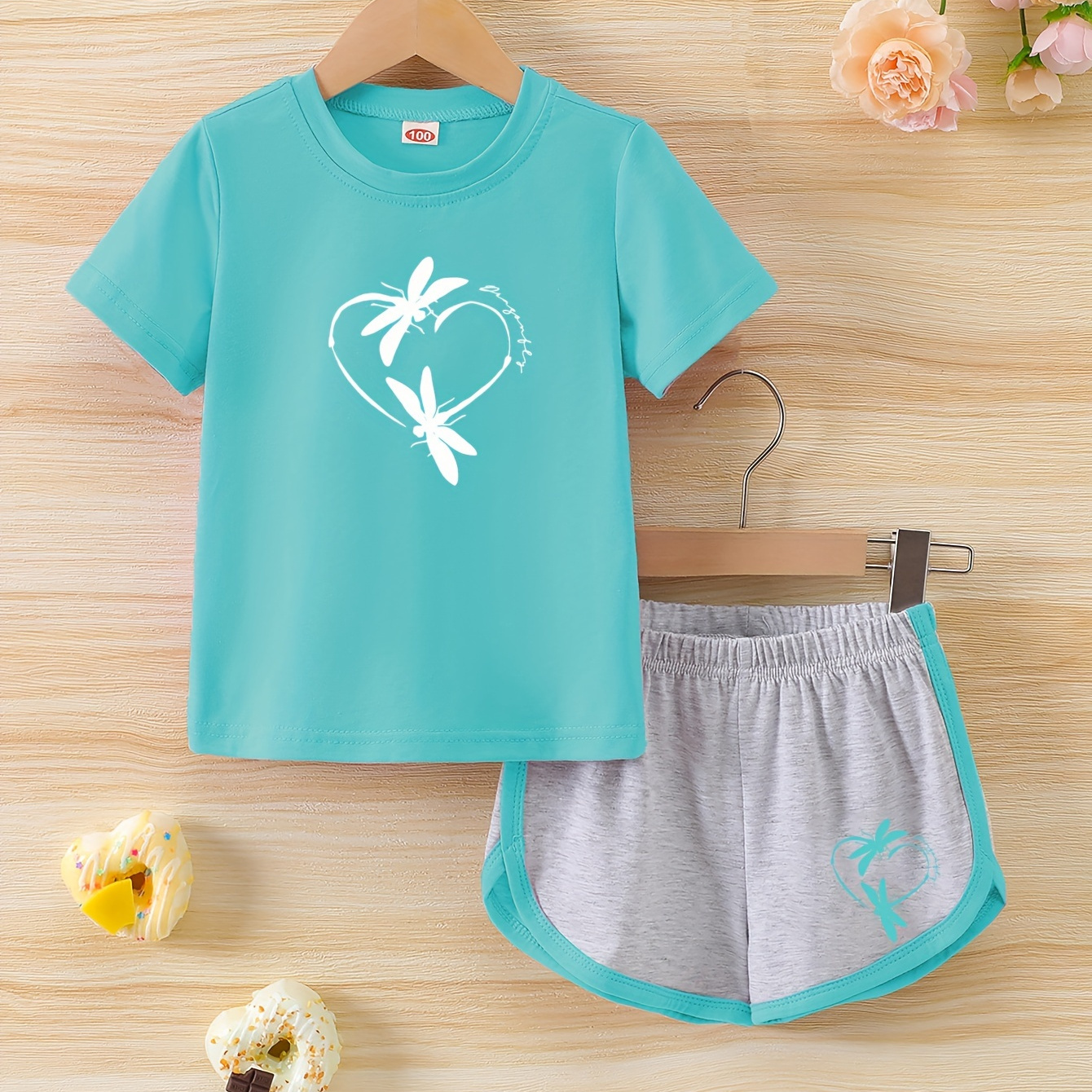 

Creative Dragonfly Heart Pattern 2pcs Set Girls Short Sleeve T-shirt + Shorts Set Summer Outdoor Holiday Gift
