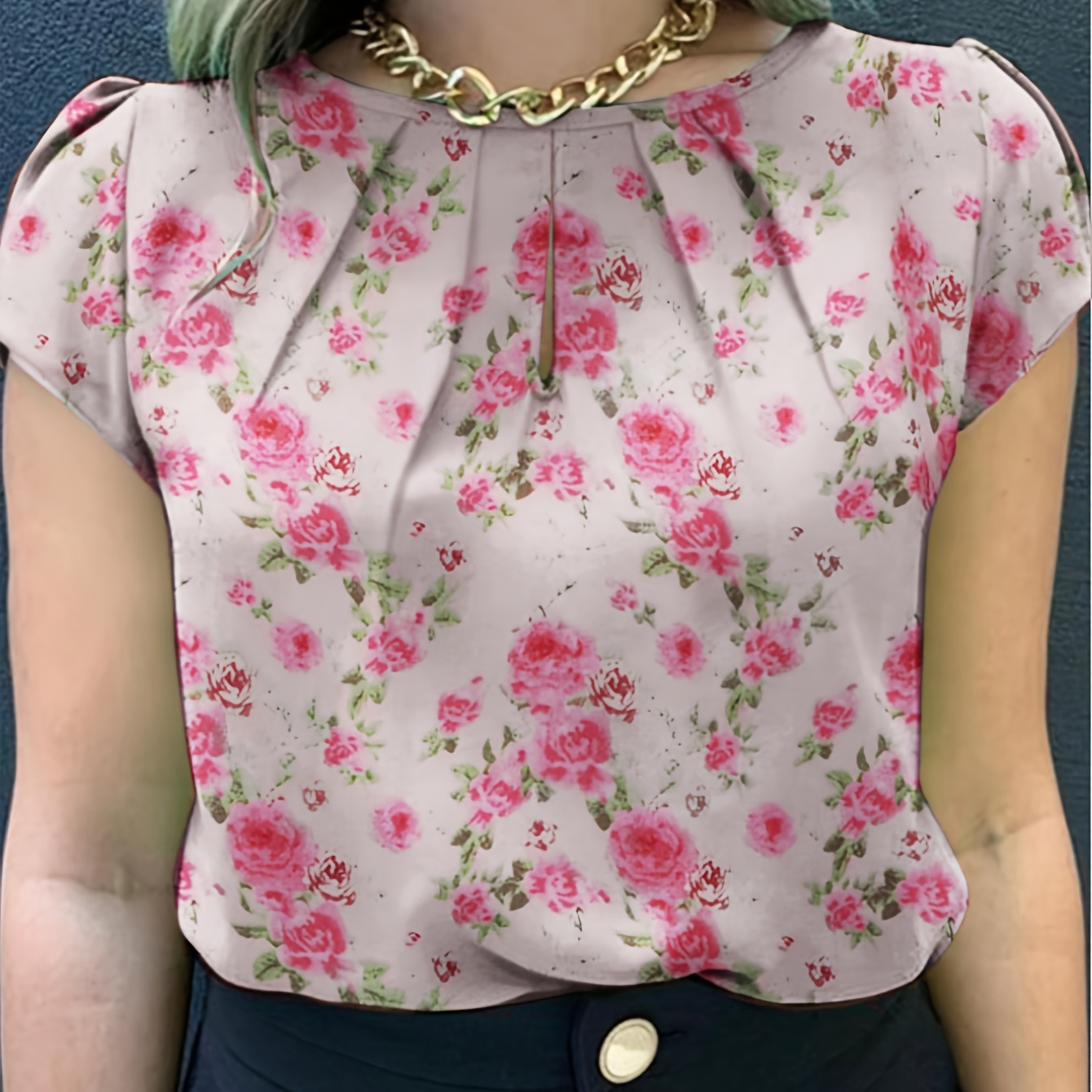 

Floral Neck Blouse, Elegant Short Sleeve Top For , Women's Clothing