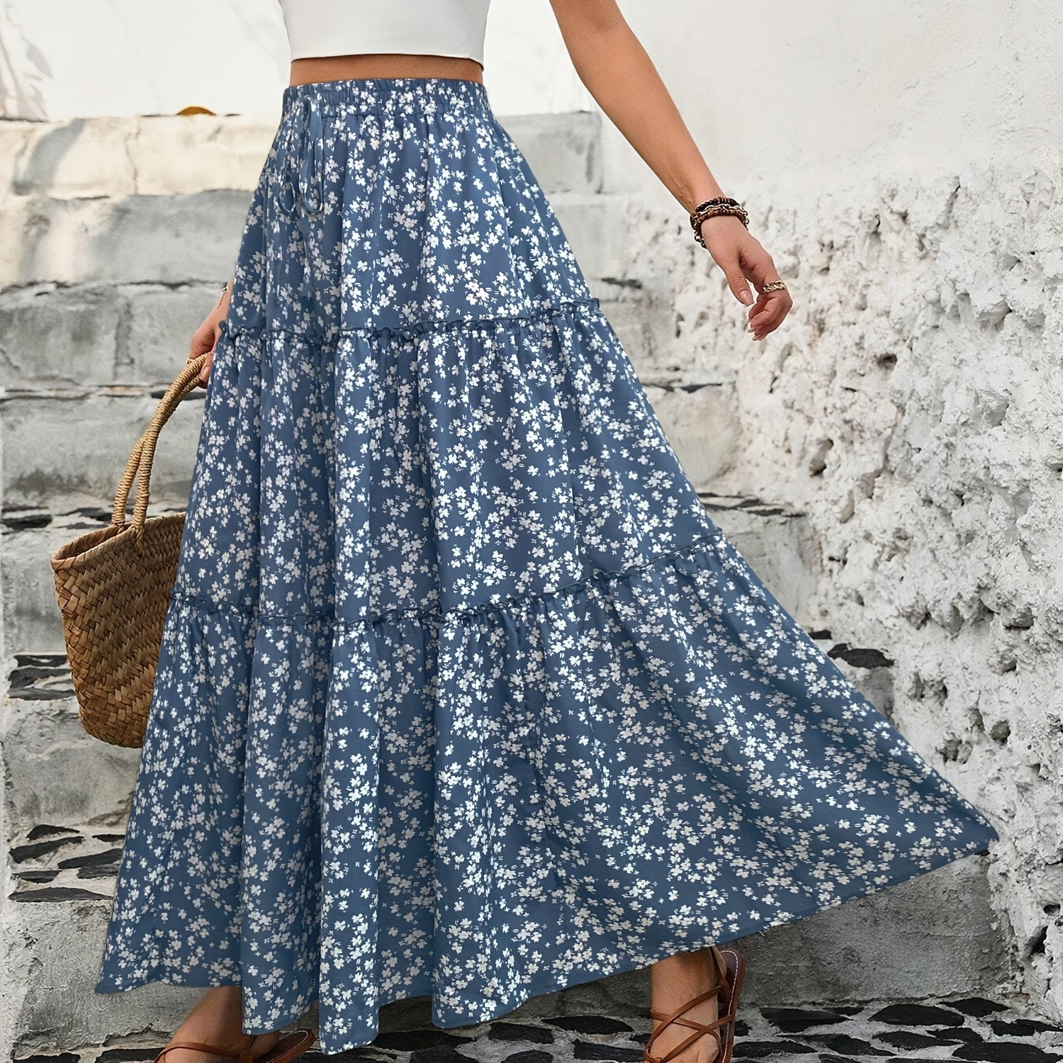 

Floral Print A-line Tiered Skirt, Elegant Elastic High Waist Skirt, Women's Clothing