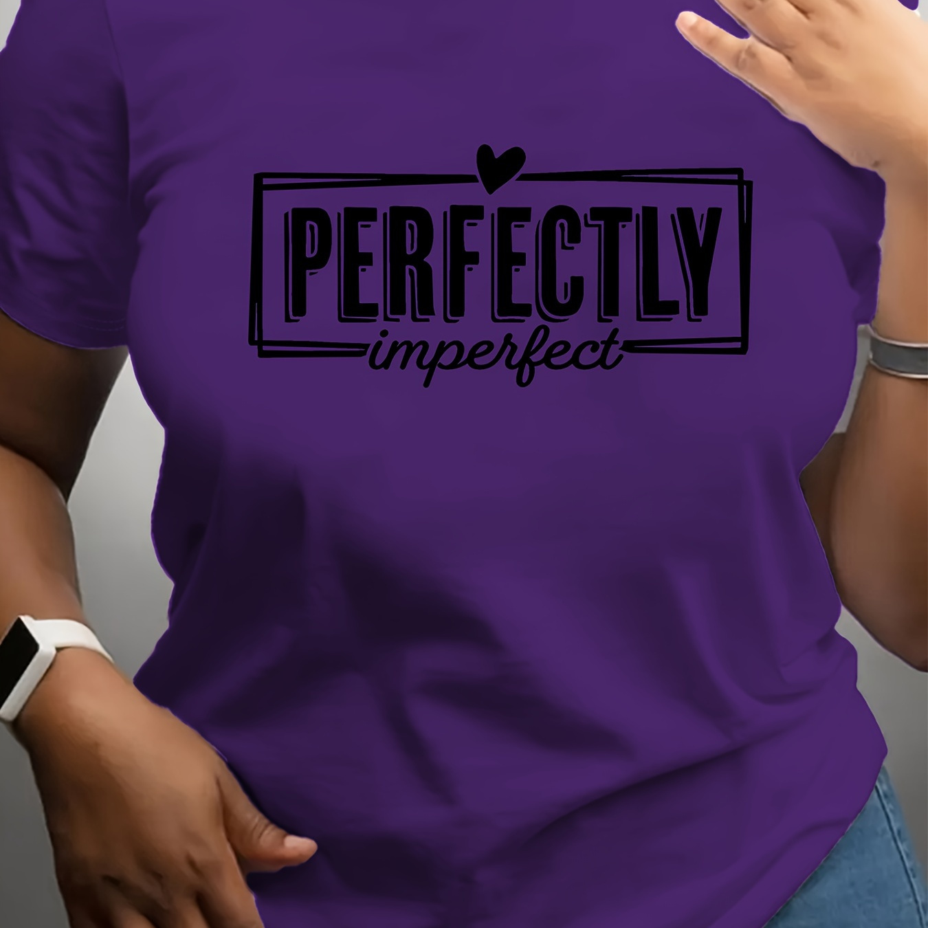 

Women's Plus Size Casual Sporty T-shirt, "perfectly Imperfect" Heart Print, Comfort Fit Short Sleeve Tee, Fashion Breathable Casual Top