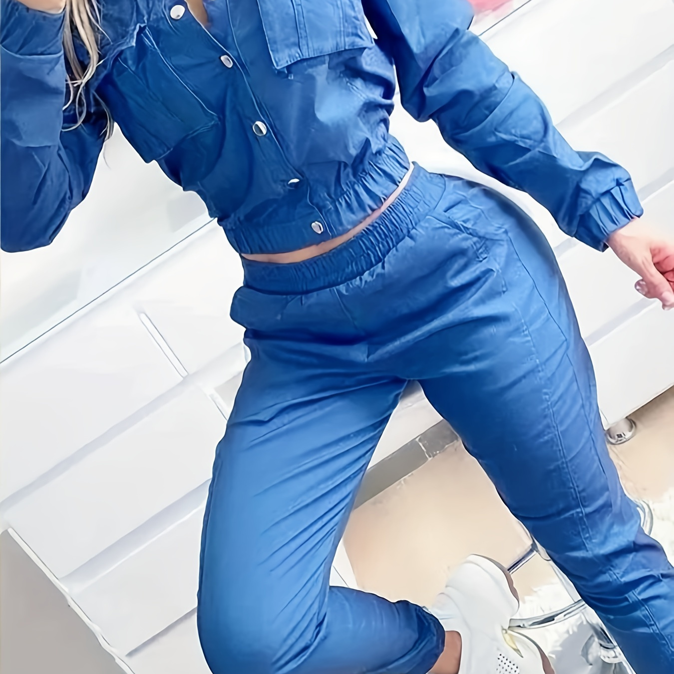 Casual Solid Two-piece Set, Button Front Pocket Long Sleeve Top & Elastic  Waist Joggers Outfits, Women's Clothing