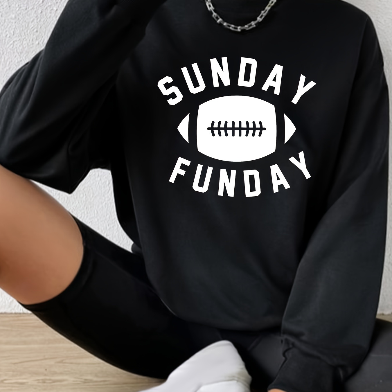 

Letter And Football Rugby Graphic Round Neck Sweatshirt, Long Sleeves Pullover Sports Tops, Women's Activewear