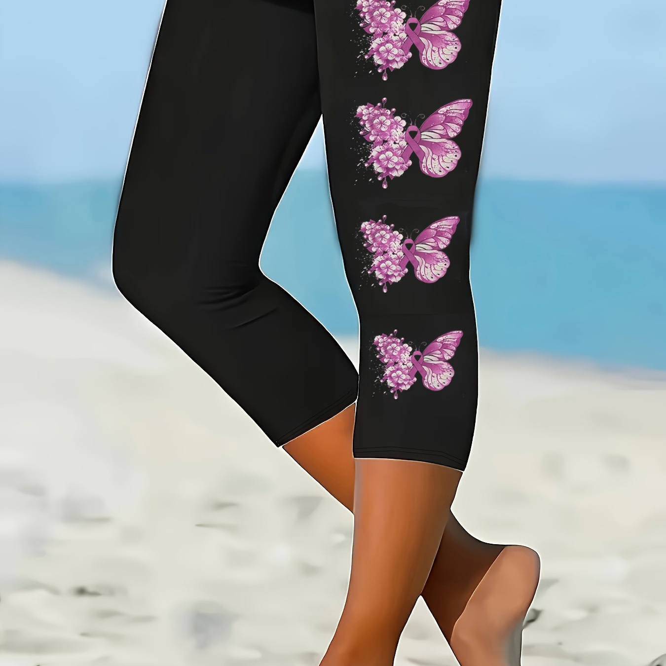 

Plus Size Butterfly Print Capri Leggings, Casual High Waist Stretchy Leggings For Spring & Summer, Women's Plus Size Clothing