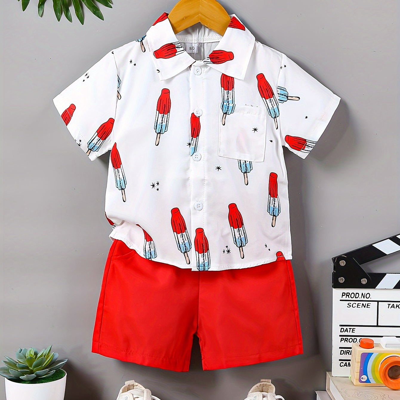 

2pcs Toddler Kid's Cartoon Popsicle Print Summer Outfit, Short Sleeve Shirt & Casual Solid Color Shorts, Baby Boy's Clothes