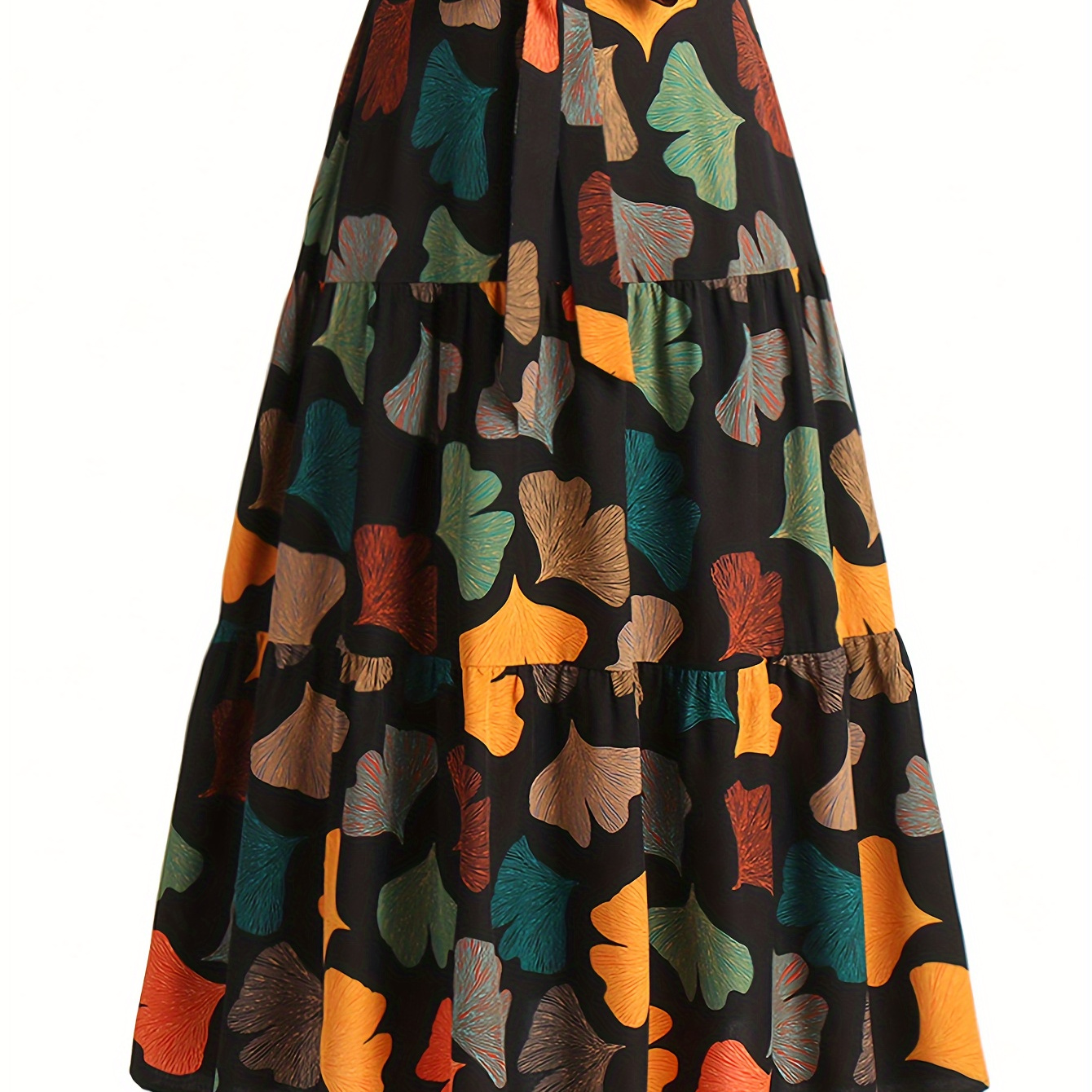 

Leaf Print Tie Waist Skirt, Casual A-line Tiered Skirt For Spring & Summer, Women's Clothing