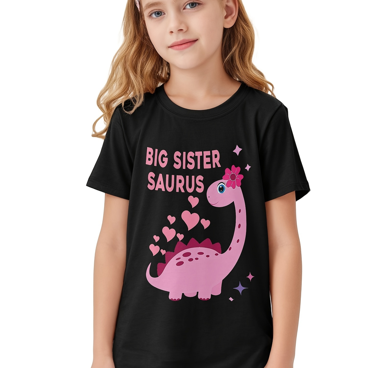 

Big & Cartoon Dinosaur With Hearts Tee, Girls' Casual & Comfy Crew Neck Short Sleeve T-shirt For , Girls' Clothes For Outdoor Activities