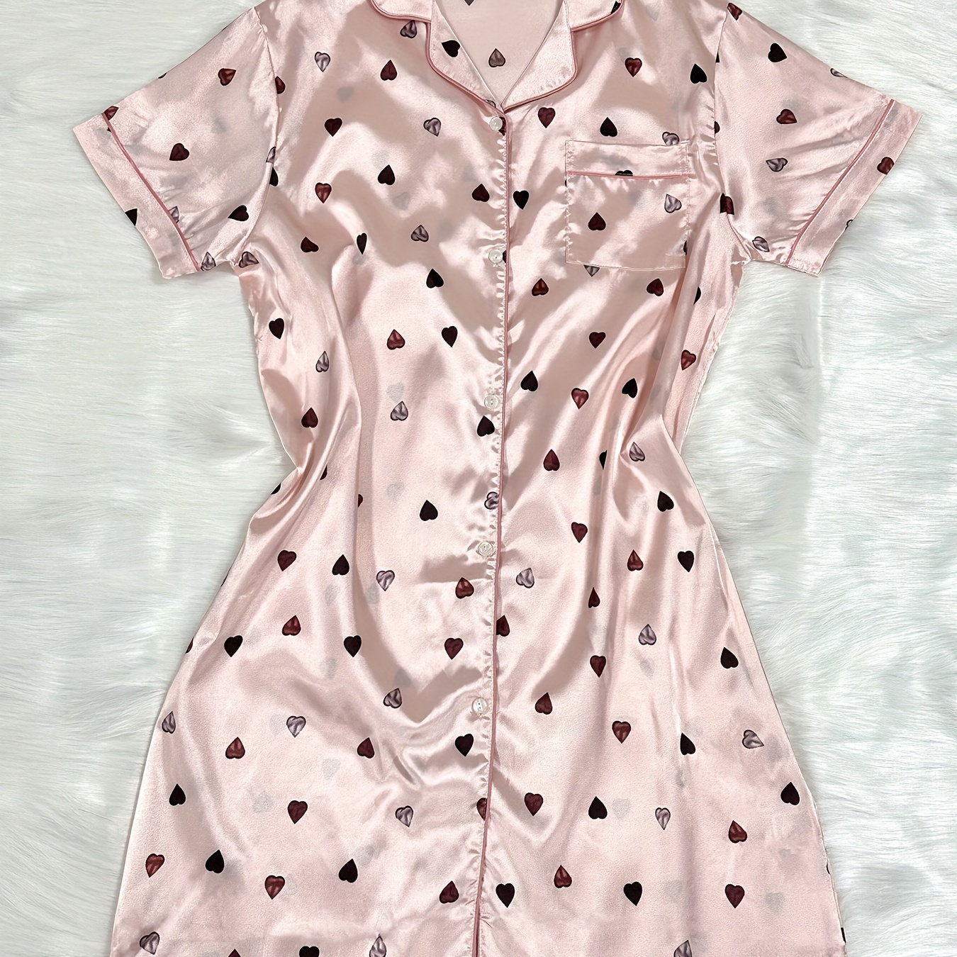 

Women's Heart Print Casual Satin Sleepwear Dress, Short Sleeve Buttons Lapel Shirt Dress, Comfortable Nightgown