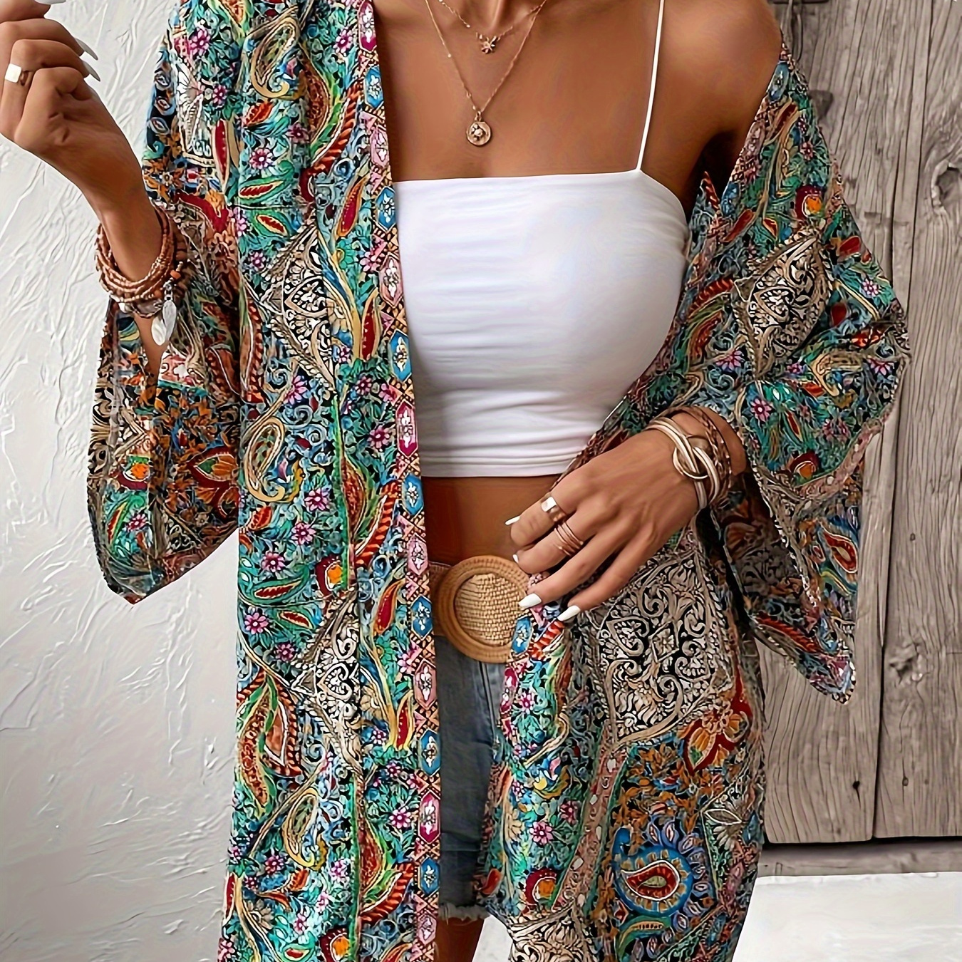 

Floral Print Open Front Tunics, Casual Long Sleeve Outwear, Women's Clothing