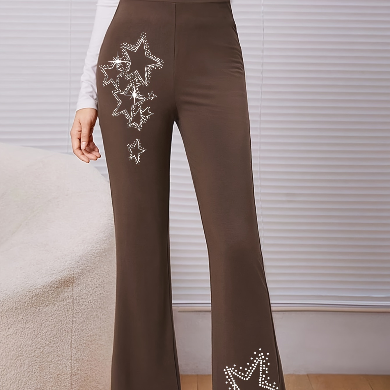 

Flared Bell Bottom Pants, Stretch Knit Long Trousers With Star Print, Casual Style