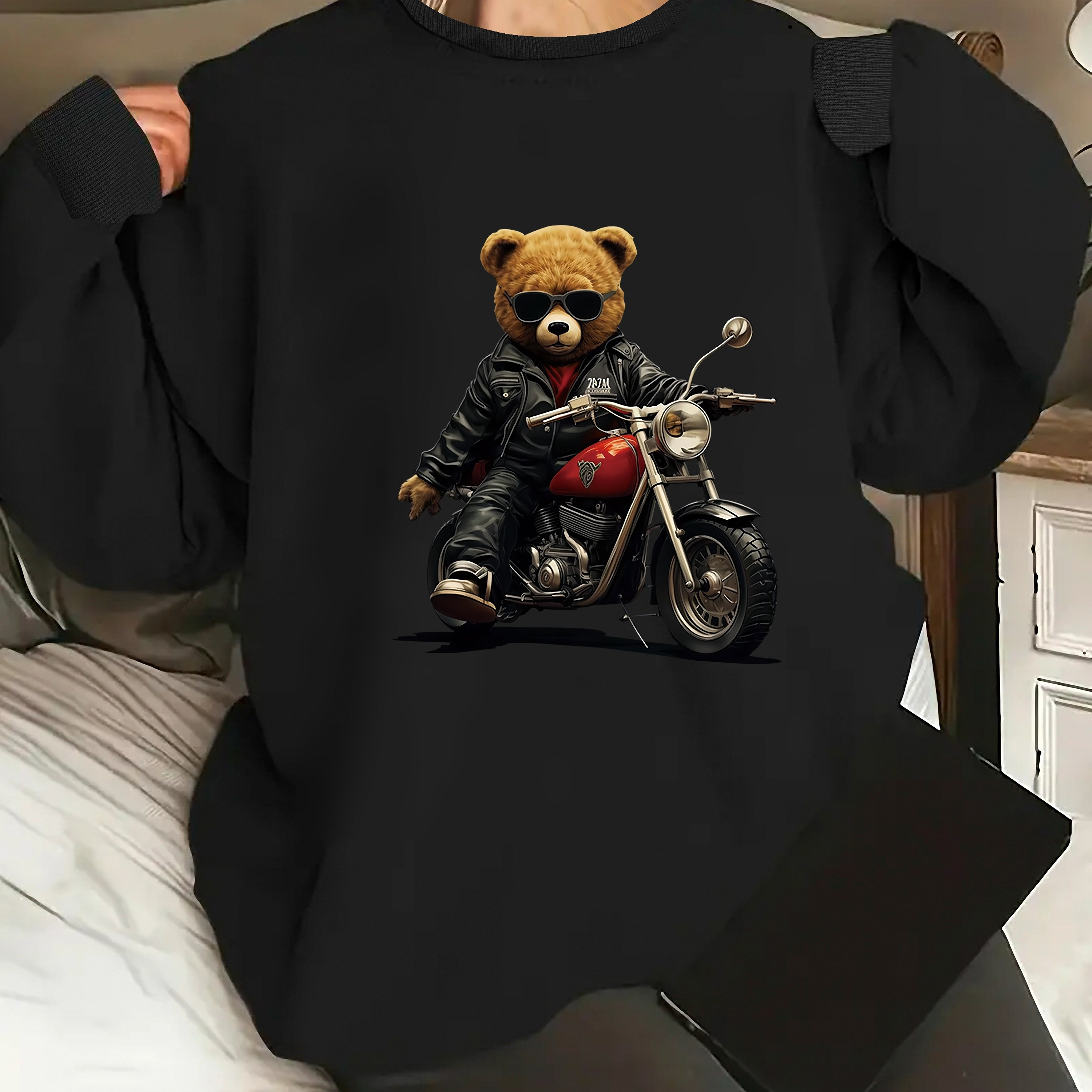 

Teddy Bear Motorcyclist Print Crew Neck Sweatshirt, Casual Long Sleeve Pullover For Women, 100% Polyester, Geometric Pattern, All-season Knit Fabric Top