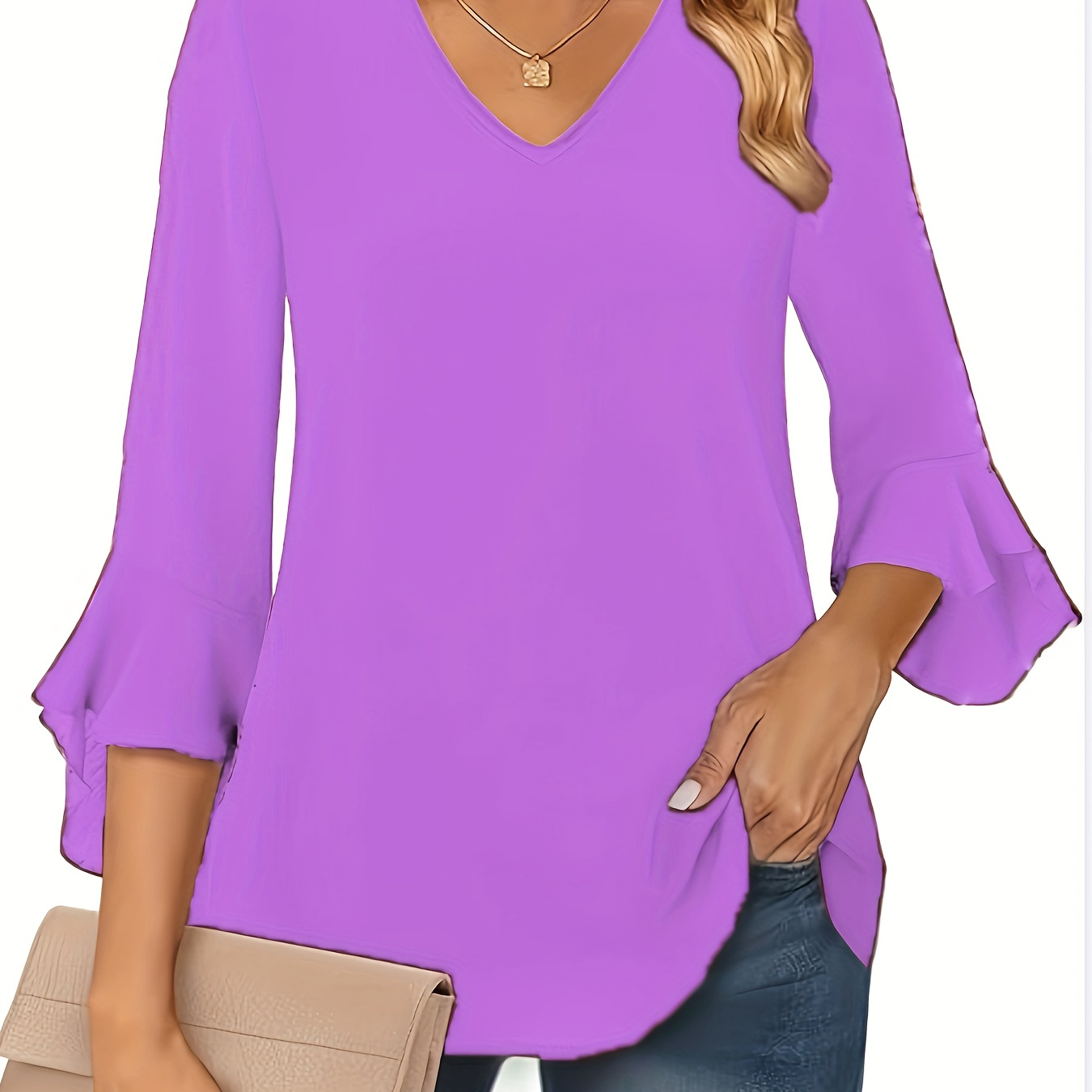 

Solid Color V Neck Blouse, Casual 3/4 Flare Sleeve Top For , Women's Clothing