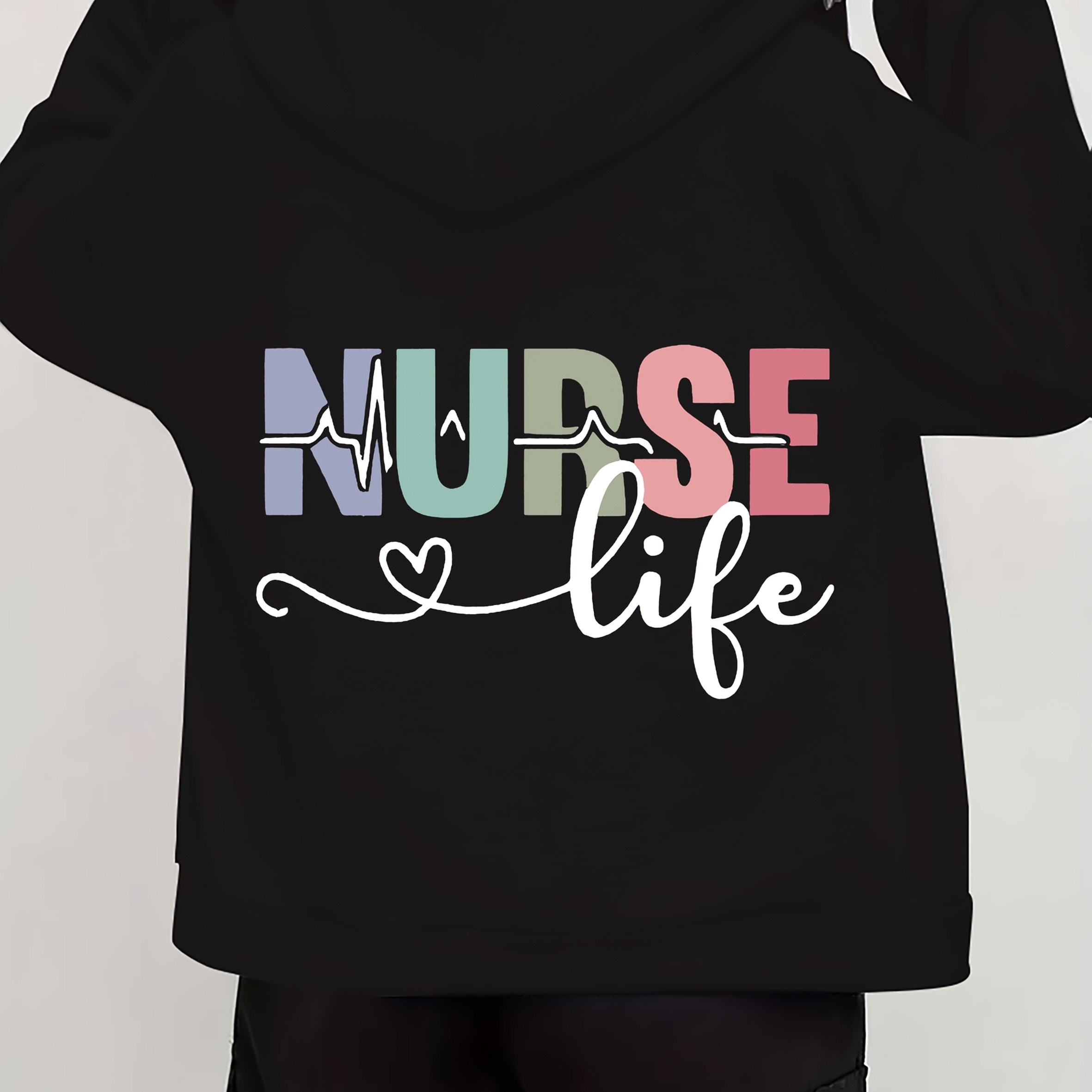 

Nurse Life" Print Women's Hoodie Jacket - Casual Long Sleeve Zip-up With Heartbeat Design, Stretchy Polyester Knit, Machine Washable,