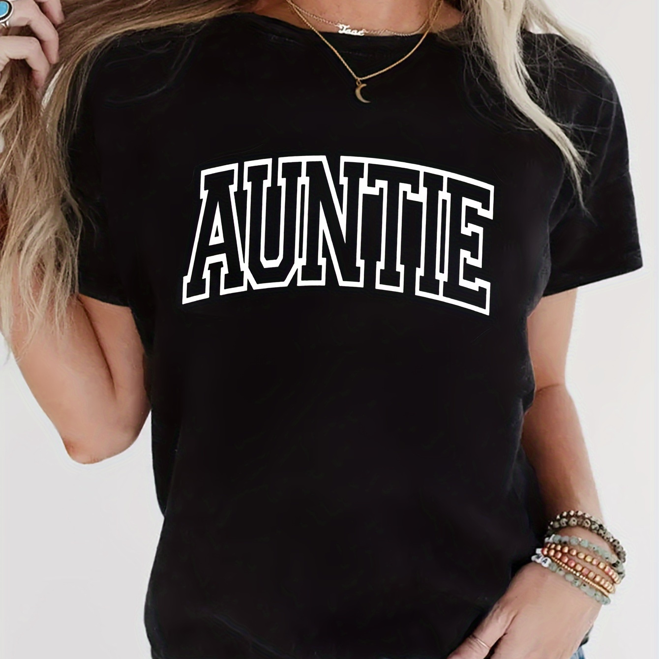 

Auntie Letter Print T-shirt, Casual Crew Neck Short Sleeve Daily Top, Women's Clothing