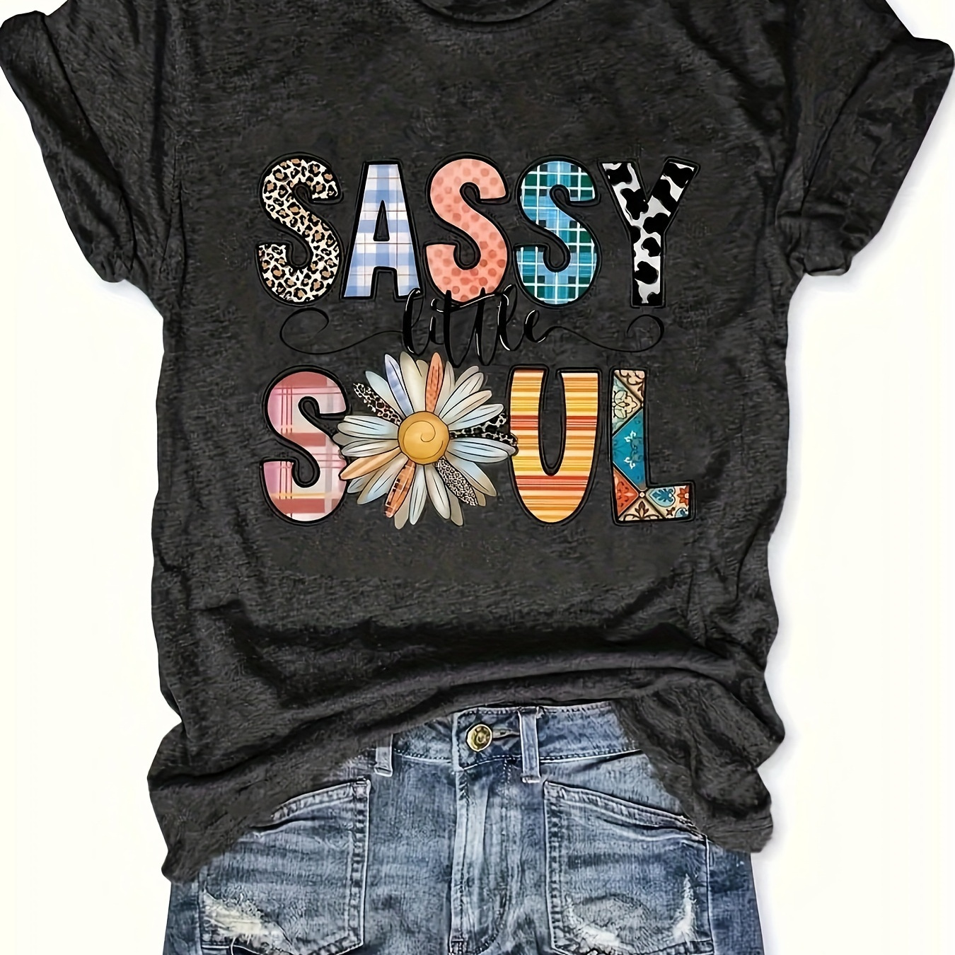 

Sassy Soul Print T-shirt, Casual Short Sleeve Crew Neck Top For Spring & Summer, Women's Clothing