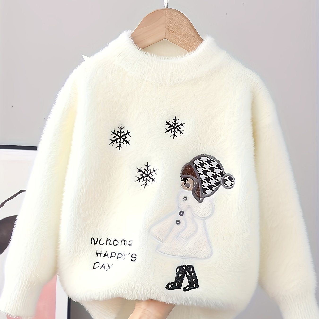 

Cozy Embroidered Sweater For Girls - Cartoon Design, Long Sleeve Knit Pullover For Fall/winter