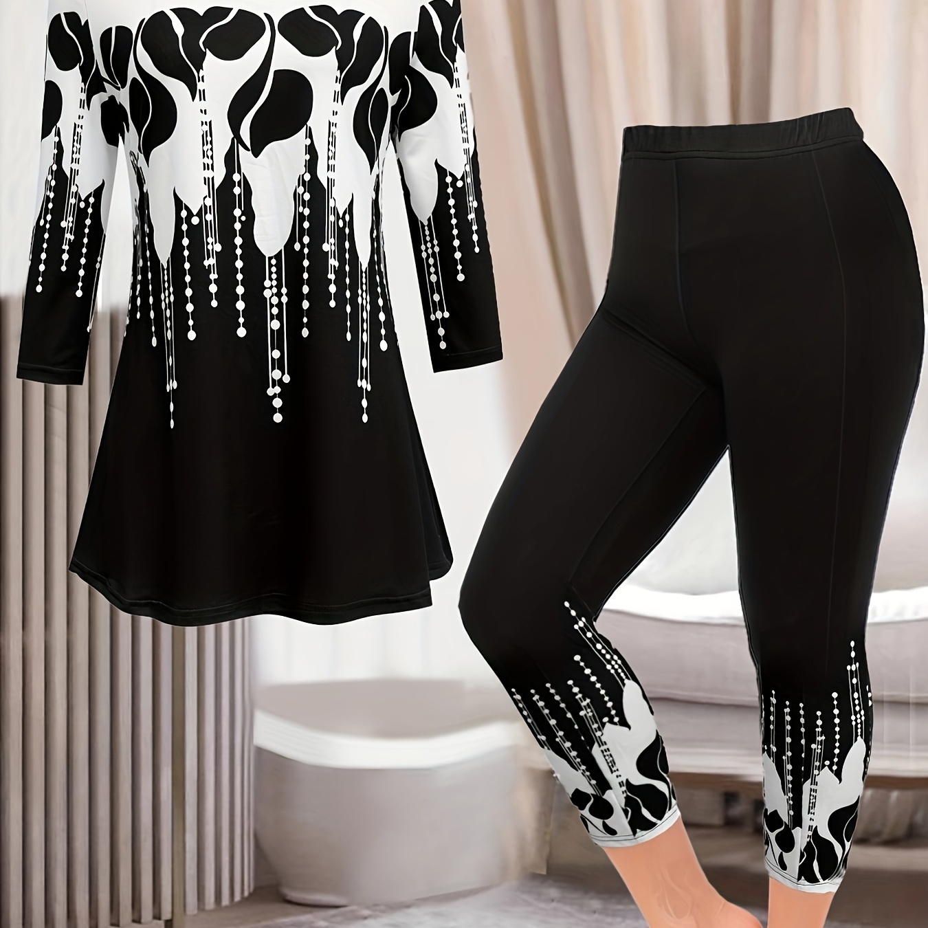 

Graphic Print Two-piece Set, Casual Half Sleeve Top & Capris Leggings Outfits, Women's Clothing