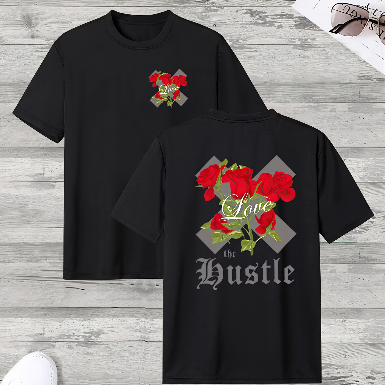 

Red Rose Print Men's Round Neck Short Sleeve Tee Fashion Regular Fit T-shirt Top For Spring Summer Holiday