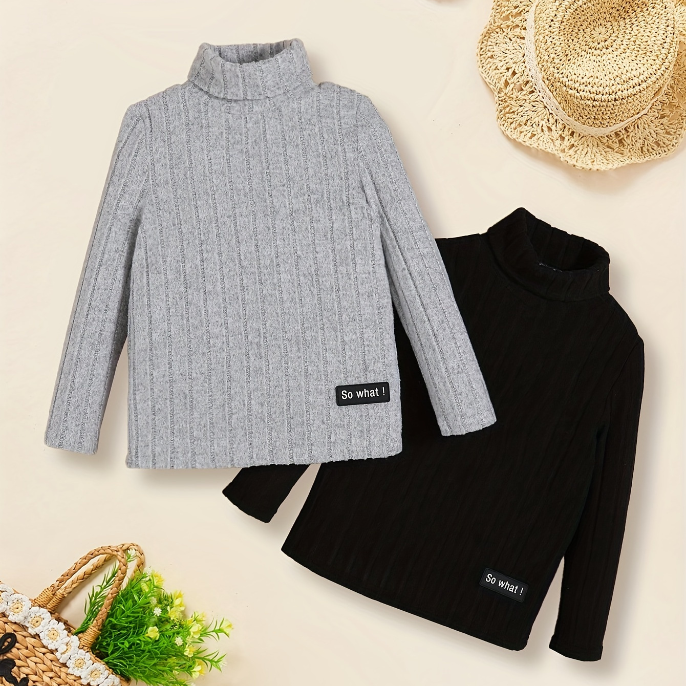 

2pcs Boys So What Letter Label Patched Rib Knit Long Sleeve T-shirt, Casual Lightweight Comfy Half Turtleneck Tee Tops, Boys Clothes For Spring Fall