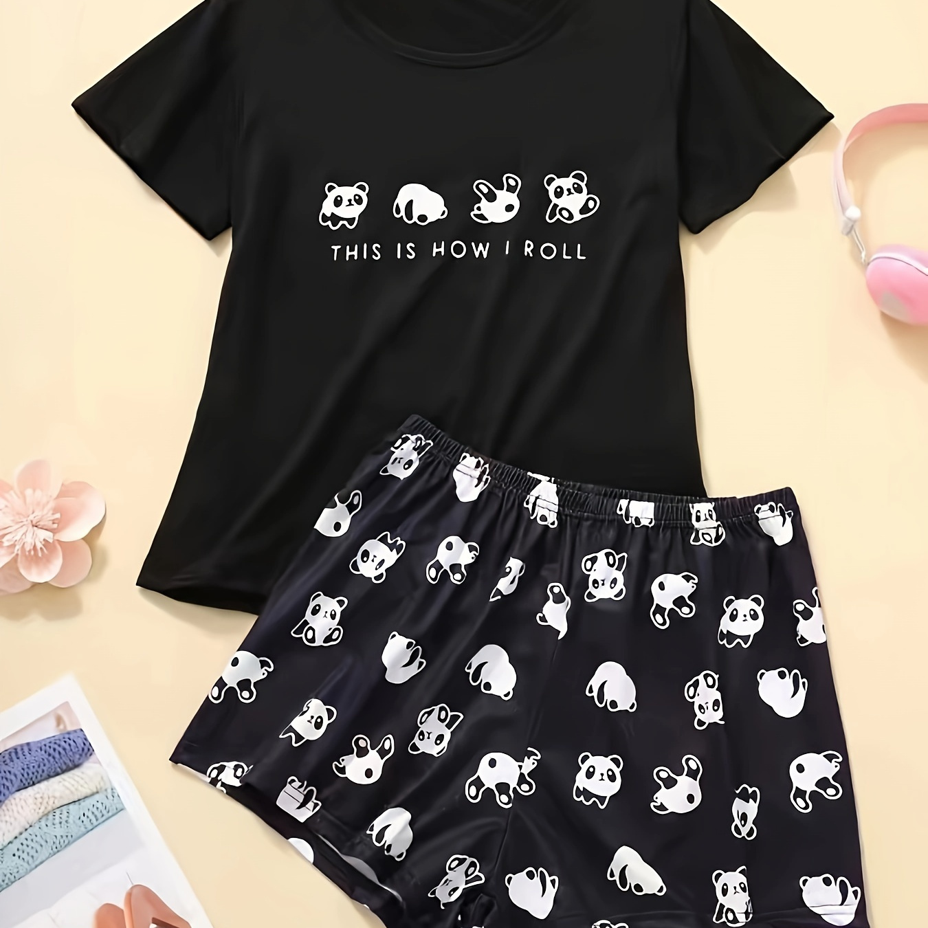 

Cute Panda & Slogan Print Lounge Set, Short Sleeve Round Neck Top & Elastic Shorts, Women's Loungewear