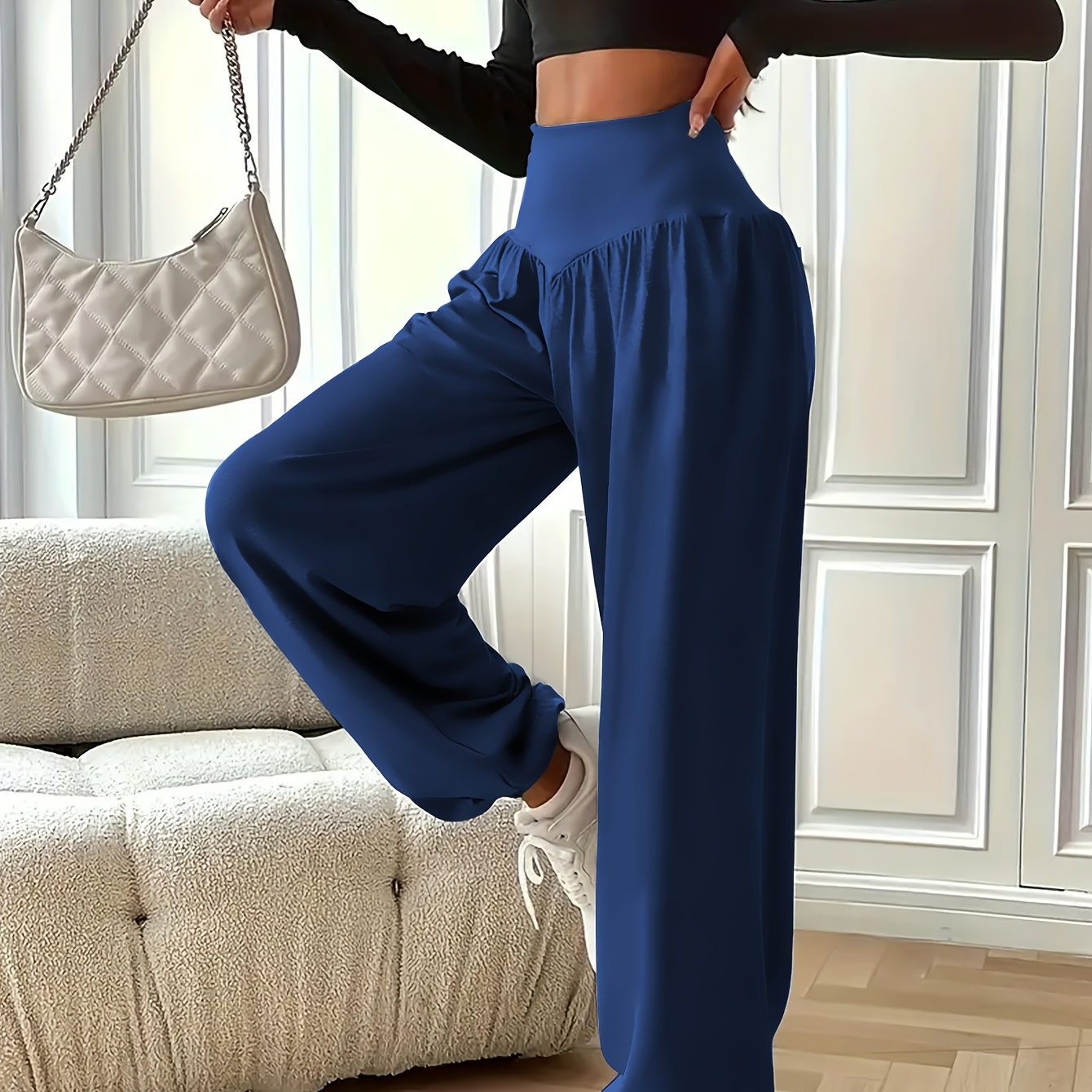 

1pc Women's High Waist Sweatpants, Solid Color Polyester Knit Fabric, Elastic Cuff Joggers, -dry Yoga Pants, Casual Fashion Sports Trousers For Spring/fall - Adult