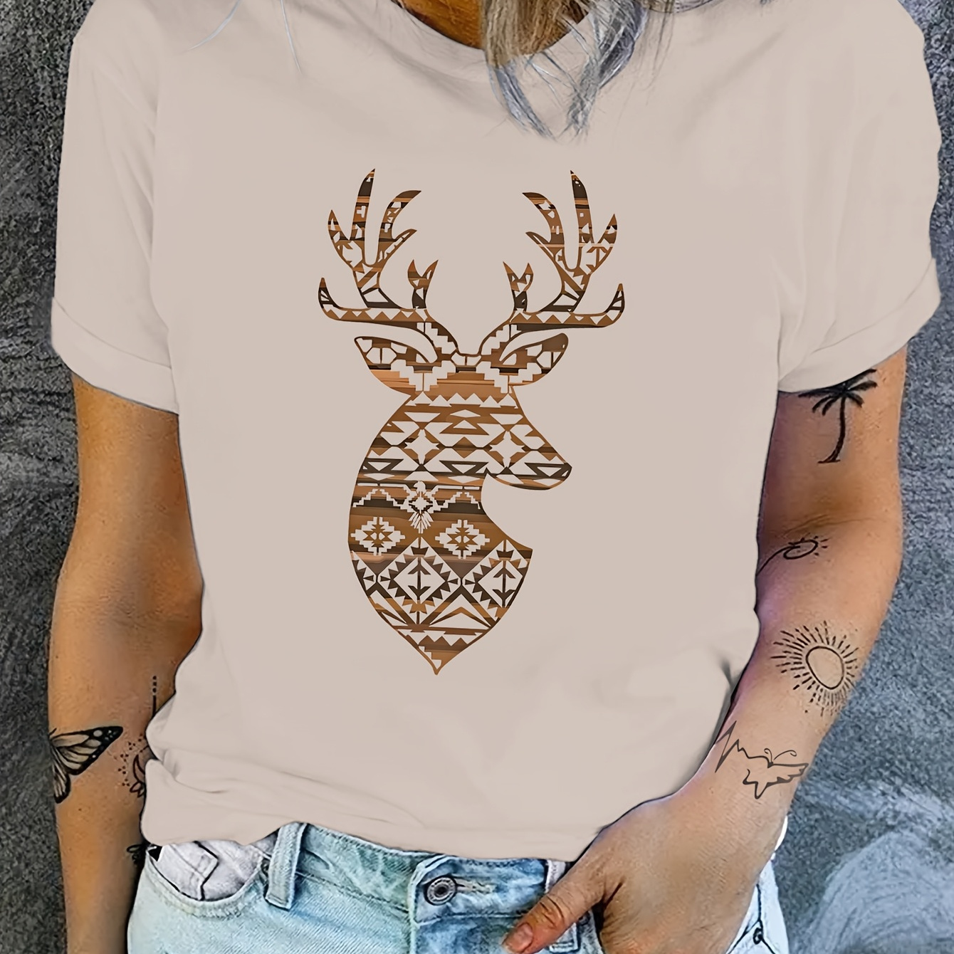 

Women's Deer Graphic T-shirt, Casual Crew Neck Short Sleeve Top, Summer & Spring Knit Polyester With Medium Stretch, Applique Detail, Wear