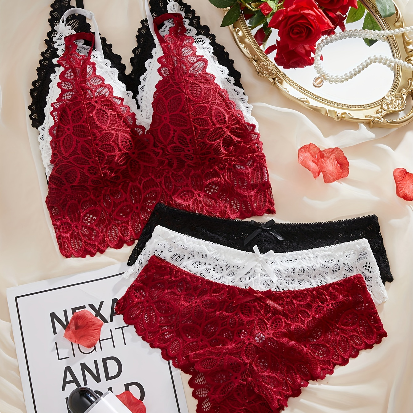 

Romantic Lace Women's Lingerie Set - 6pcs, Includes Bra & Panties With Removable Pads, Mid-rise, Nylon , Hand Washable