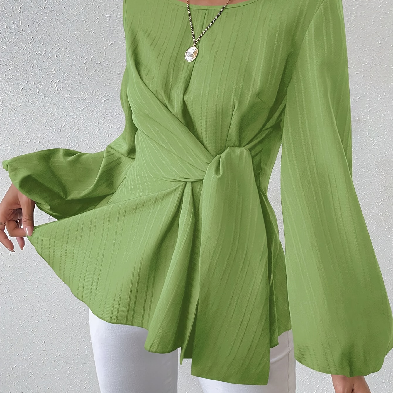 

Elegant Crew Neck Long Sleeve Blouse For Women - 100% Polyester Solid Color Wrap-style Shirting With Bell Sleeves, Woven Fabric, Perfect For Spring/summer/fall