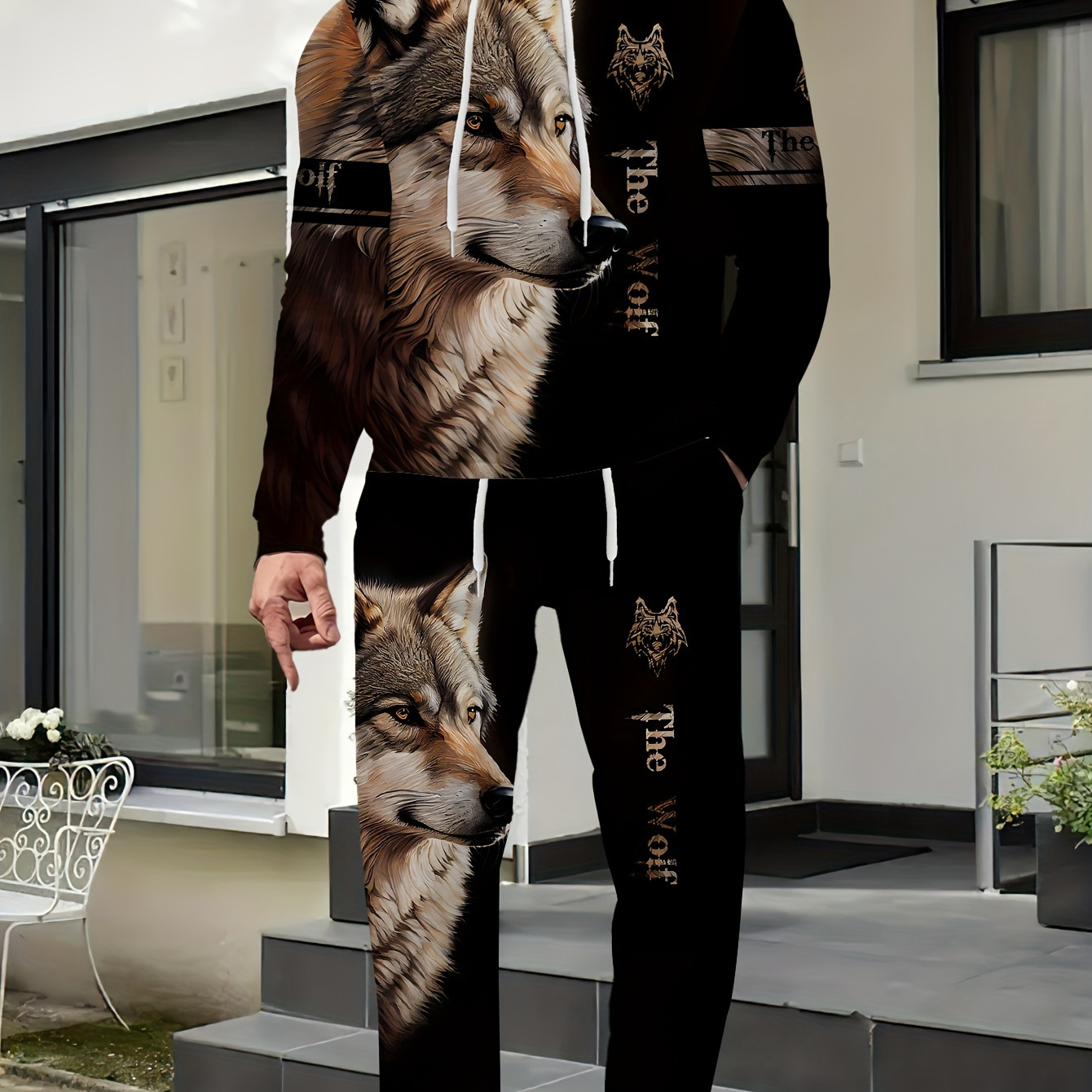 

Wolf Print Polyester Sweatsuit For Men - Casual Hooded Tracksuit With Slight Stretch, Knit Fabric, Regular Fit For Spring/fall - Casual Hoodie And Pants Set