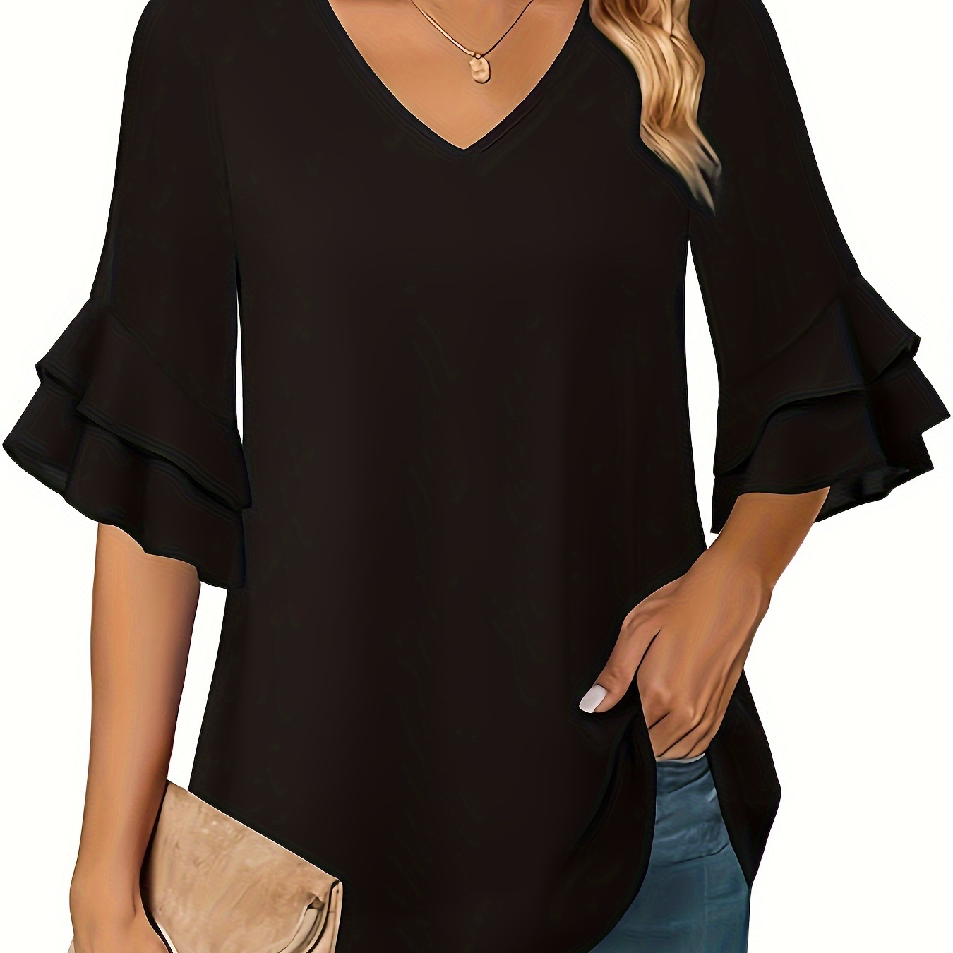 

Plus Size Solid V Neck Blouse, Casual Ruffle Trim Half Sleeve Blouse For Spring & Summer, Women's Plus Size Clothing