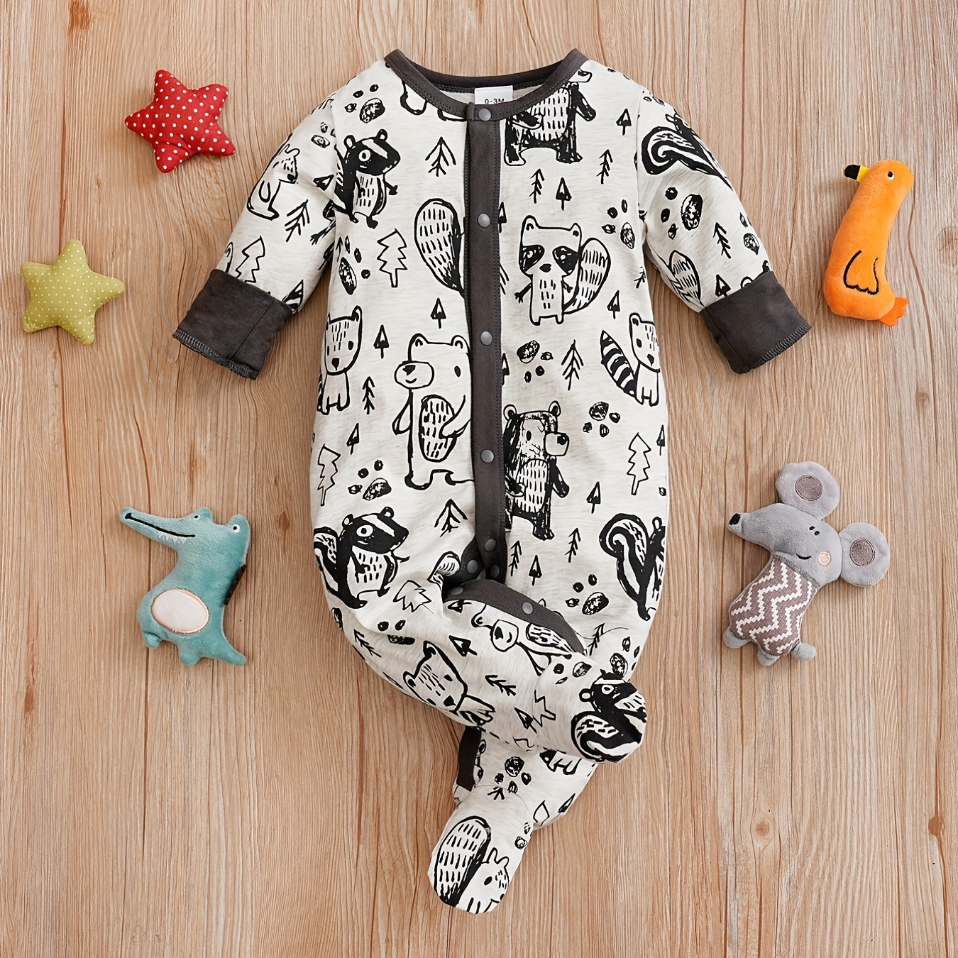 

Round Neck Cute Cartoon Bear Full Print Baby Long-sleeved Jumpsuit