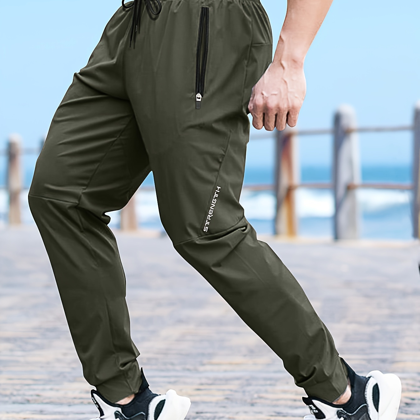 

Men's Solid Pants With Zipper Pockets, Casual Drawstring Joggers For Outdoor Activities