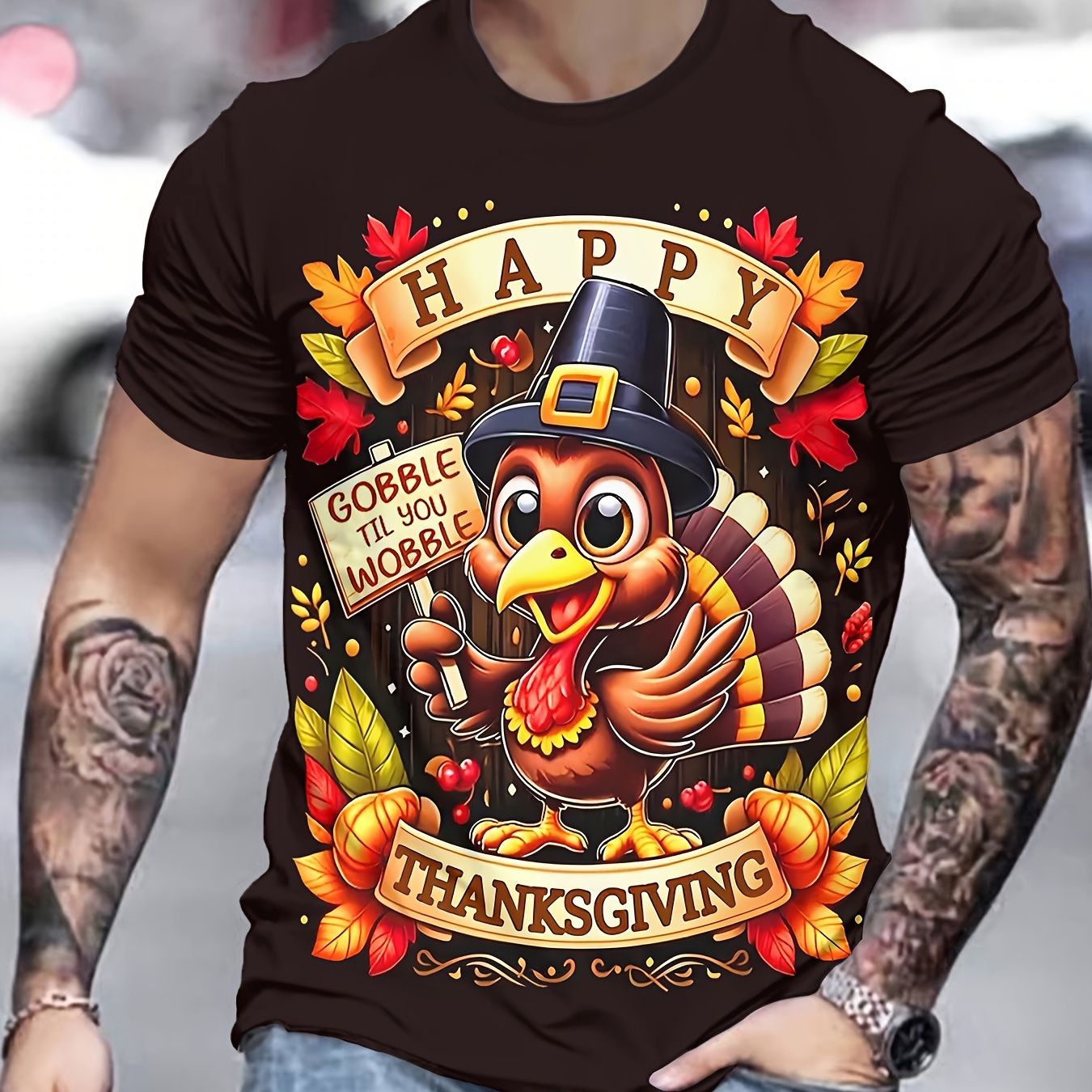 

Happy Thanksgiving Turkey Men's 3d Print T-shirt - Polyester 100%, Casual Crew Neck, Slight Stretch Knit Fabric, Regular Fit, Printed Graphic Tee