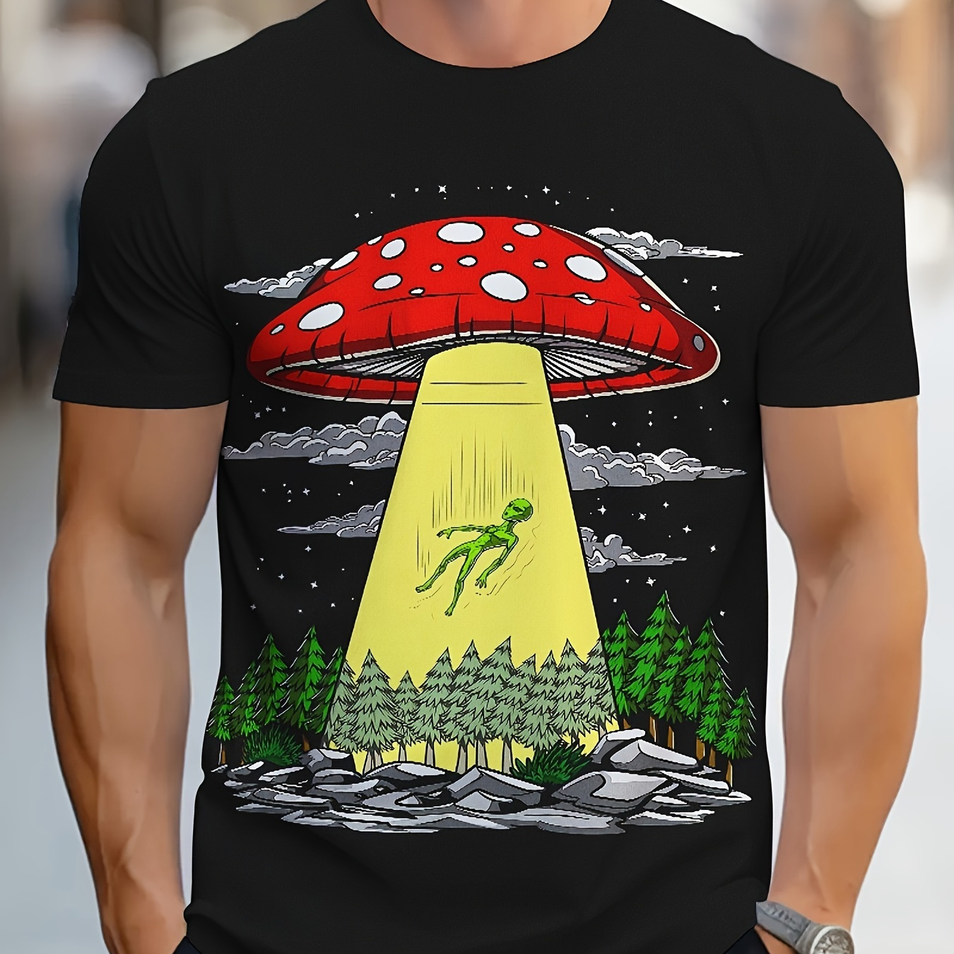 

Men's Alien Print T-shirt, Casual Short Sleeve Crew Neck Tee, Men's Clothing For Outdoor