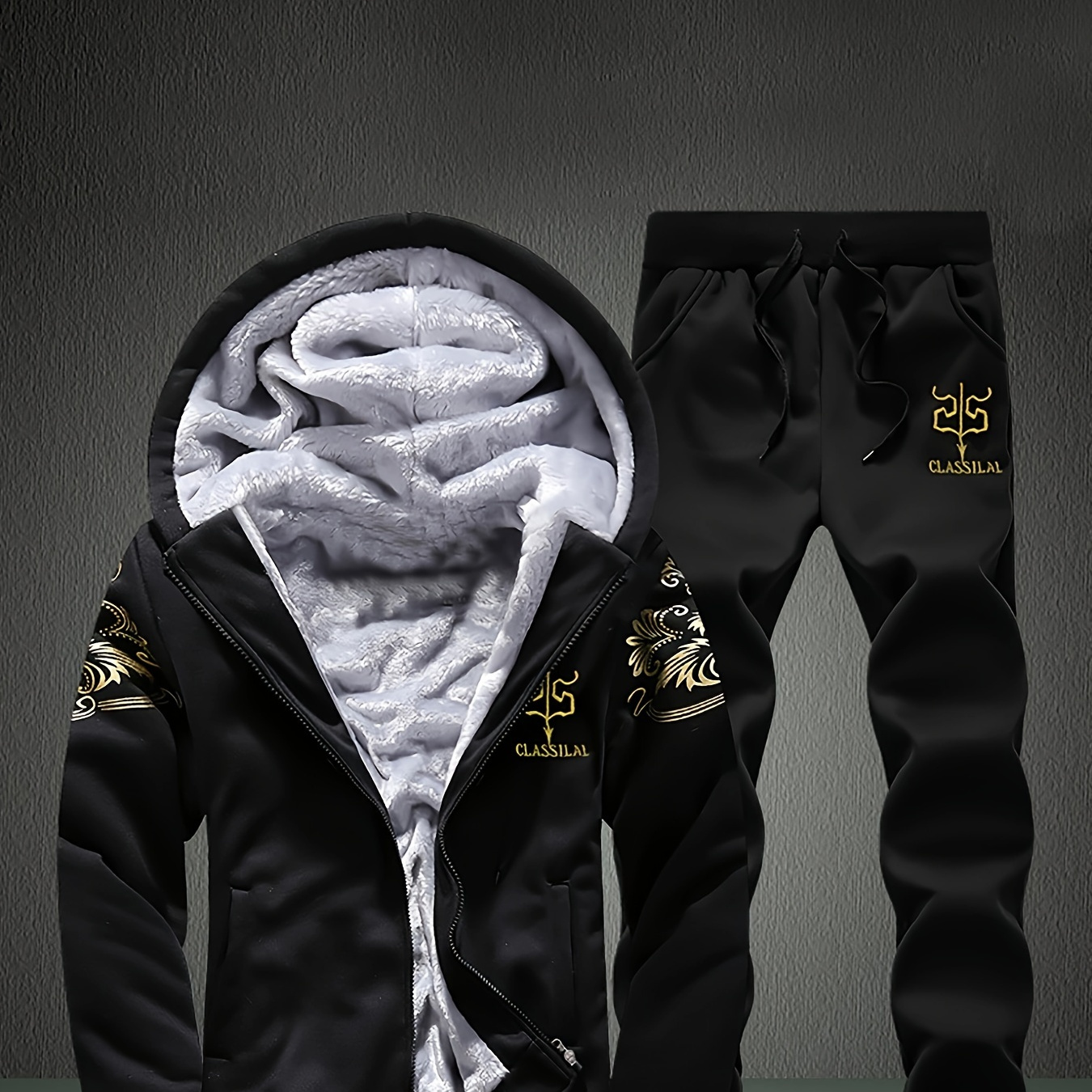 

2- , Gold Embroidered Fleece-lined Hooded Jogger Pants, For /