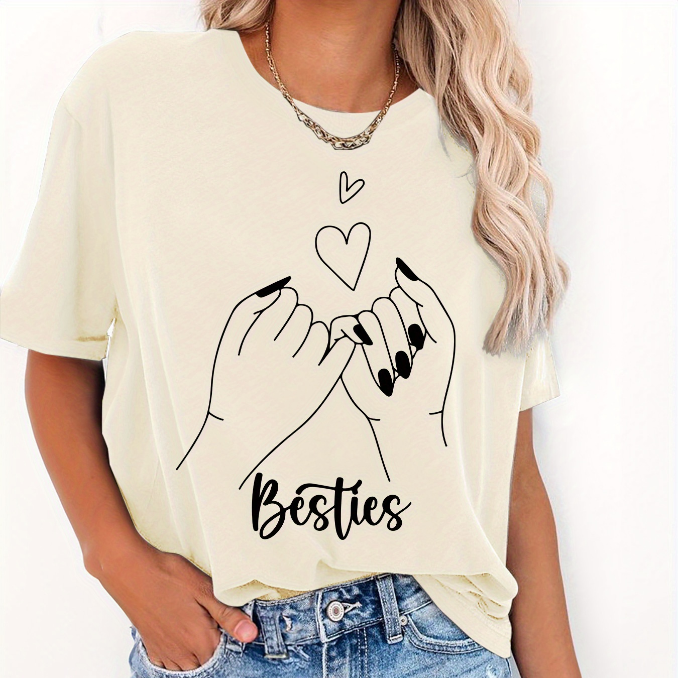 

Besties Print T-shirt, Short Sleeve Crew Neck Casual Top For Summer & Spring, Women's Clothing