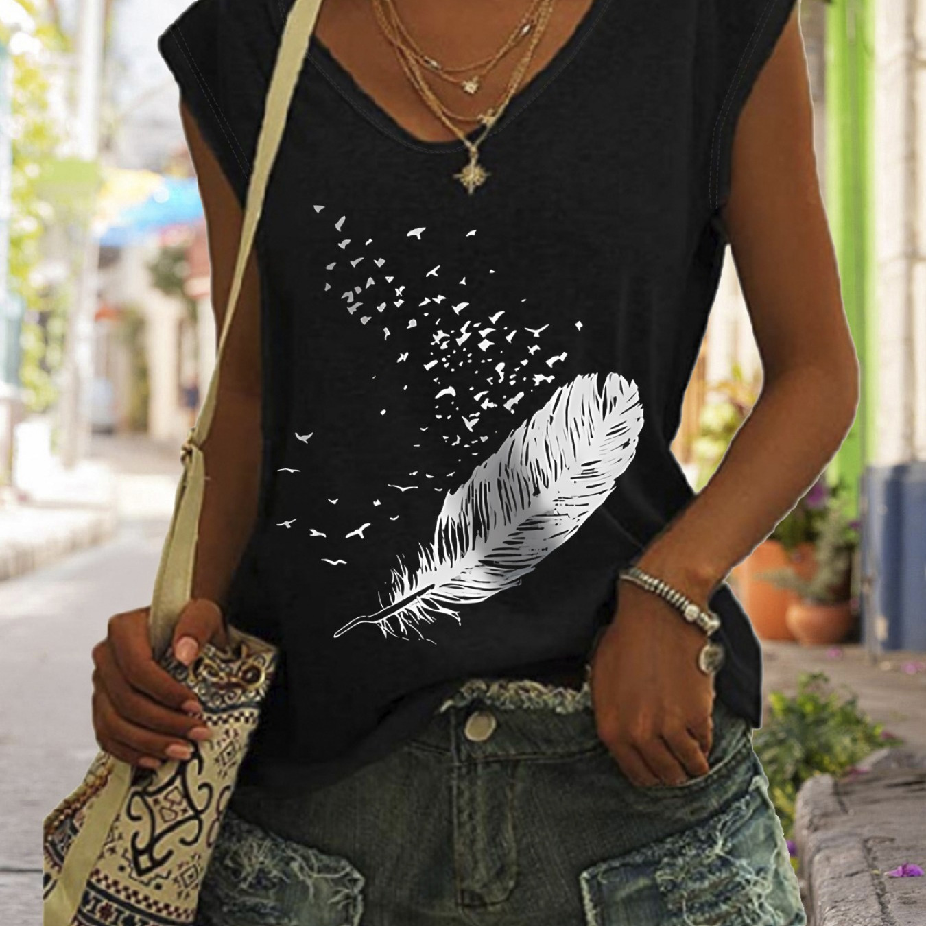 

Feather Print V Neck Top, Casual Cap Sleeve Top For Spring & Summer, Women's Clothing