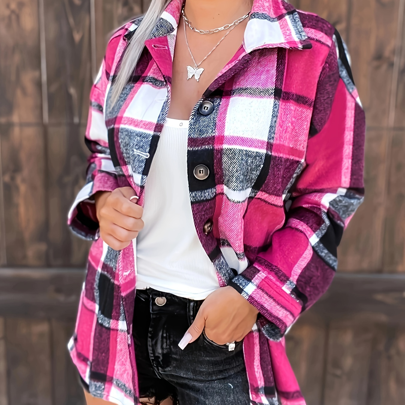 Plaid Print Polo Collar Button Shirt, Casual Long Sleeve Shirt For Spring & Fall, Women's Clothing