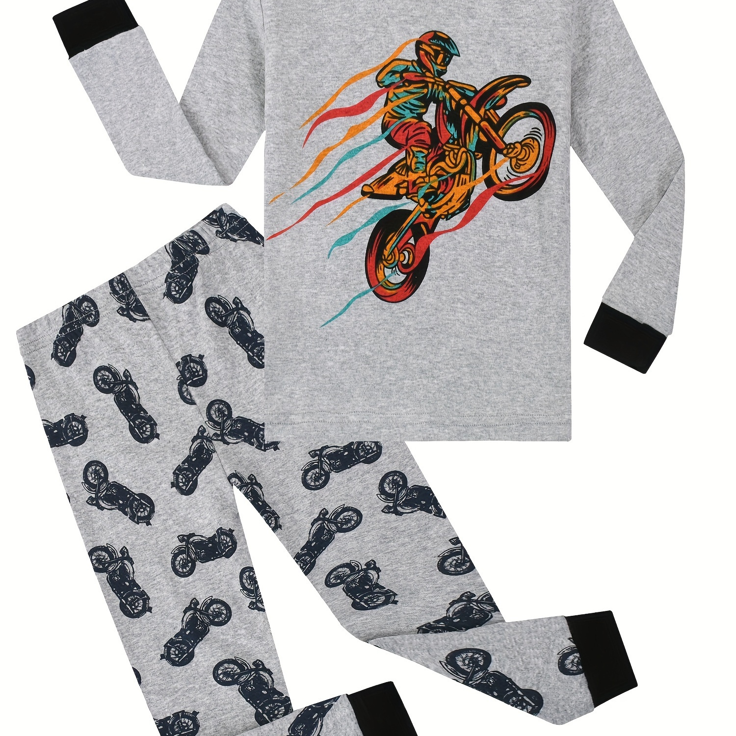 

Boys 2pcs Homewear Long Sleeve Round Neck T-shirt Top & Elastic Waist Pants Motorcyclists Print Cotton Comfortable Casual Pajamas Set Kids Clothes