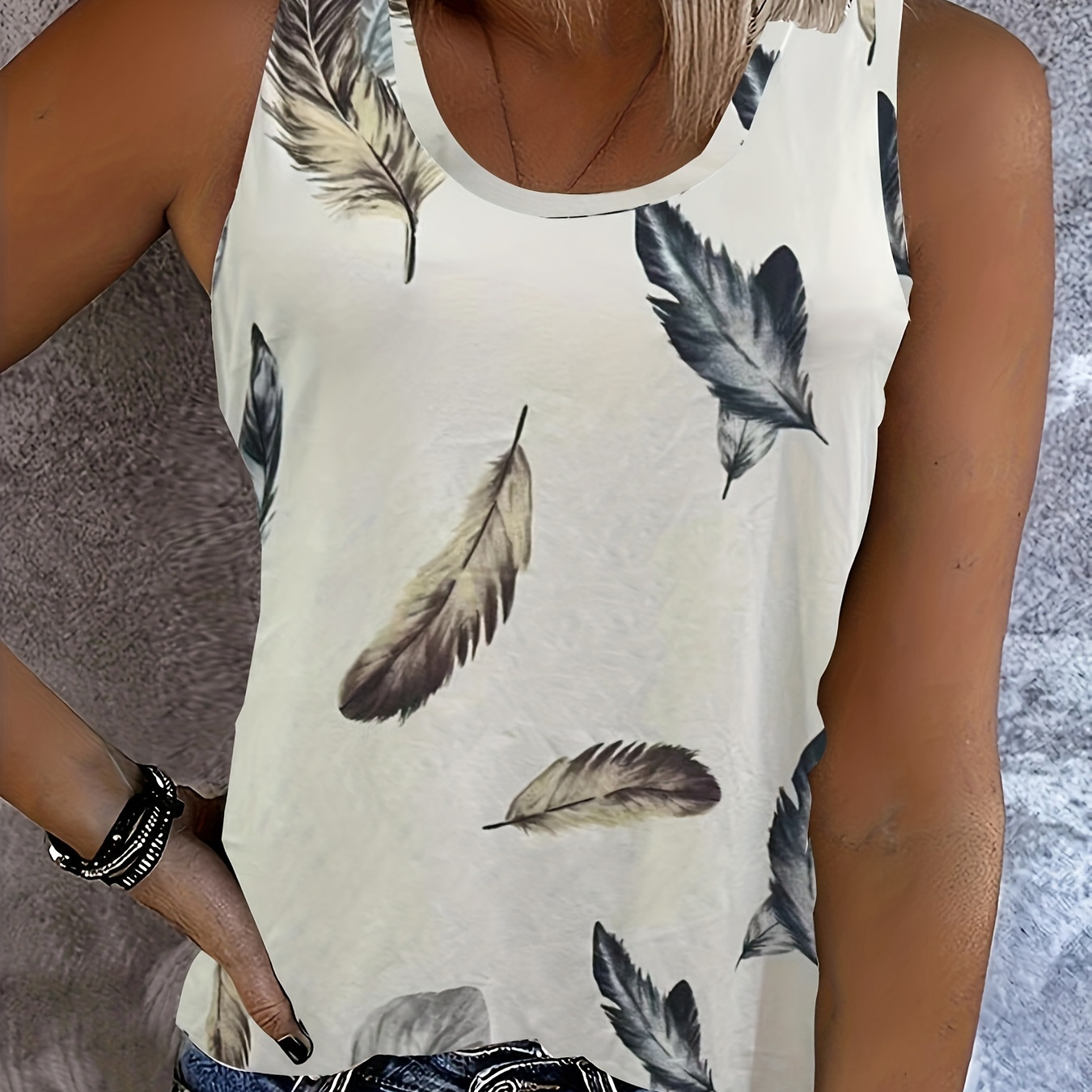 

Feather Print Crew Neck Tank Top, Casual Sleeveless Tank Top For Summer, Women's Clothing