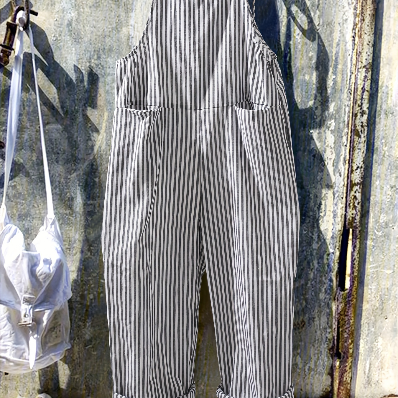 

Women's Elegant Striped Polyester Jumpsuit, Spaghetti Strap Collar, Knotted Detail, Slingback, Woven Fabric, 110g/m², For Spring/summer/fall