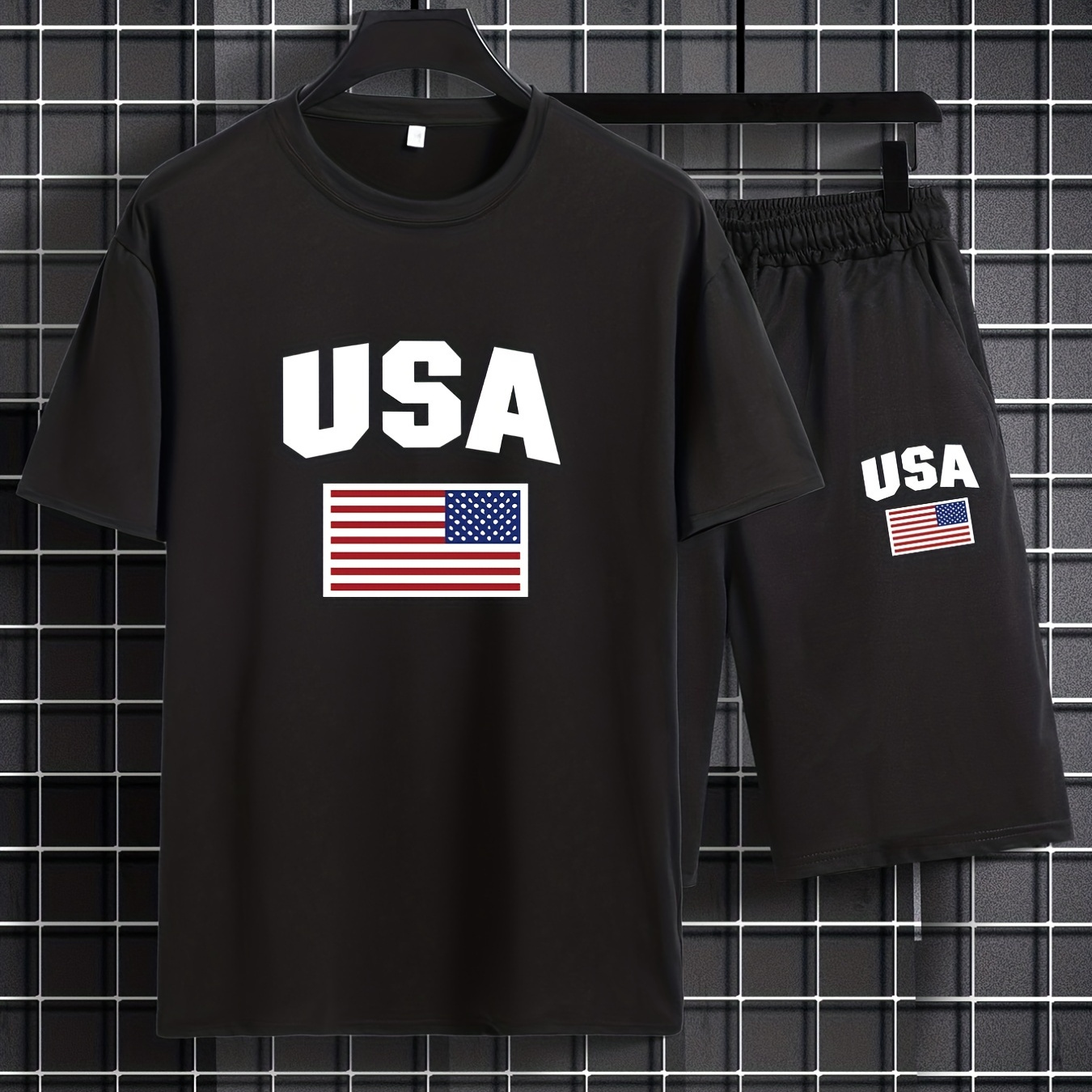 

Men's Casual American Flag Graphic Print Comfortable Crew Neck Short Sleeve T-shirt & Shorts Sets, Summer Oversized Loose Clothing Plus Size