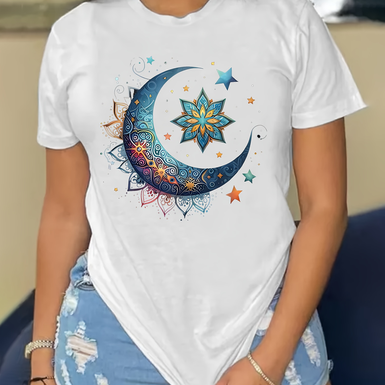 

1pc Women's Casual Round Neck T-shirt, Polyester Knit Fabric, Regular Length, With Geometric Moon And Floral Print, For Spring/summer/autumn Fashion Top