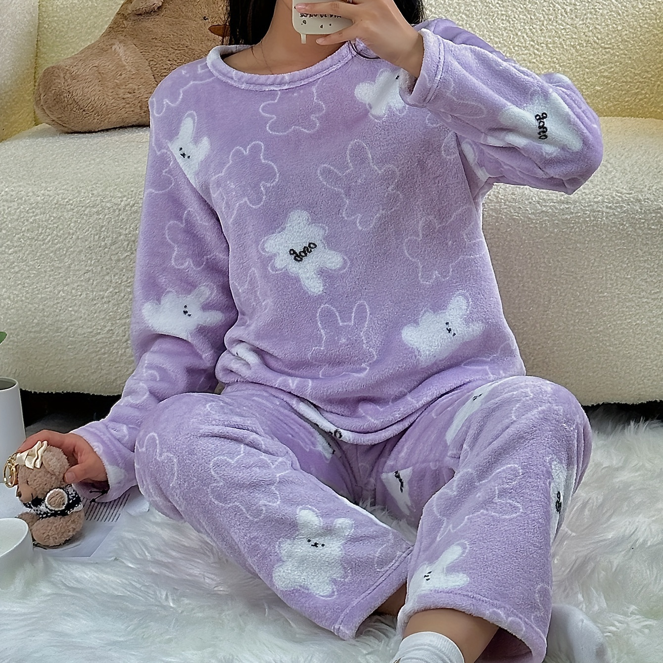 

Women's Cute Cartoon Print Fleece Thick Pajama Set, Long Sleeve Round Neck Top & Pants, Comfortable Relaxed Fit For Fall & Winter