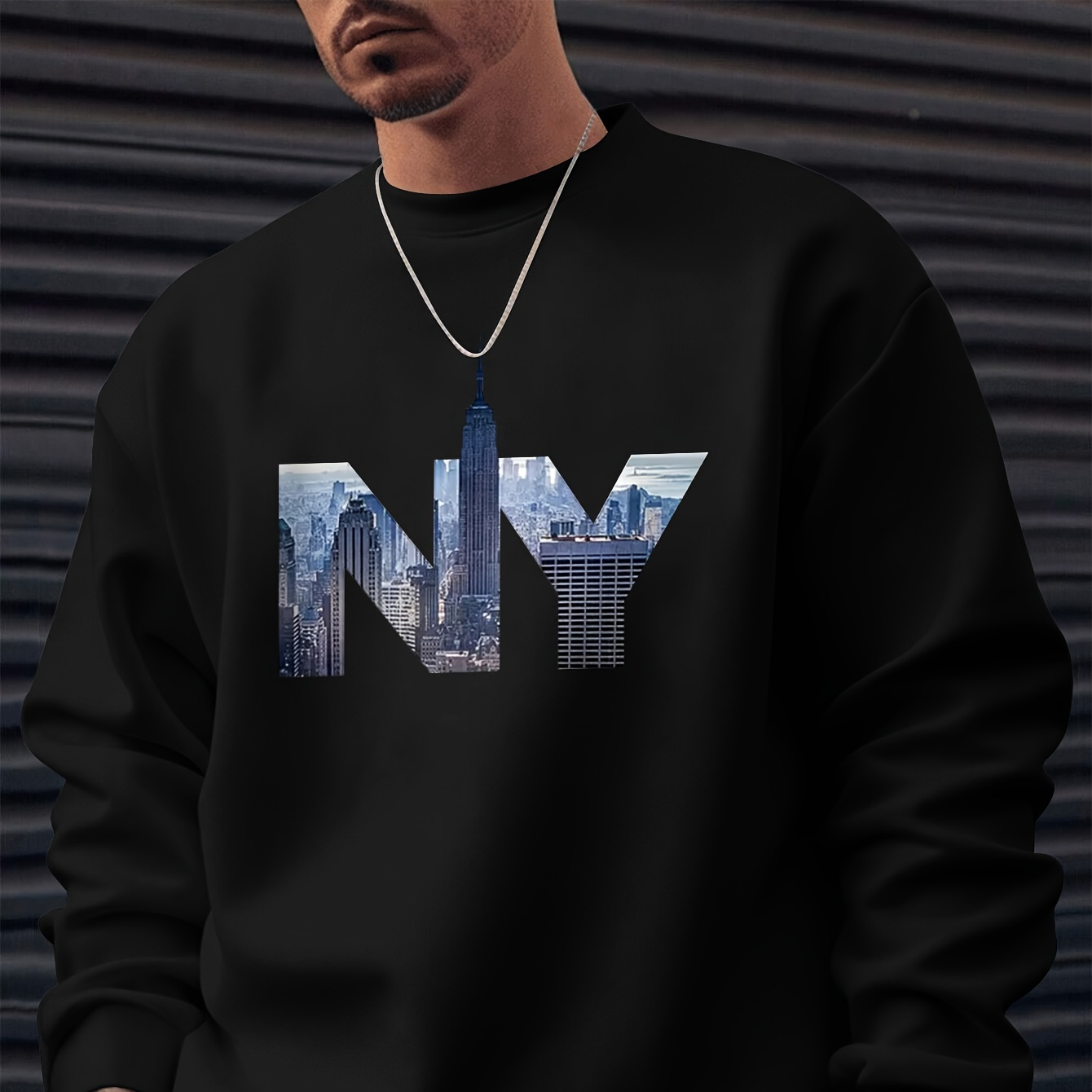 

Cityscape In Ny Letters Print Men's Stylish Long-sleeved Sweatshirt, Versatile Comfy Regular Fit Pullover Top For Autumn & Winter Daily Wear