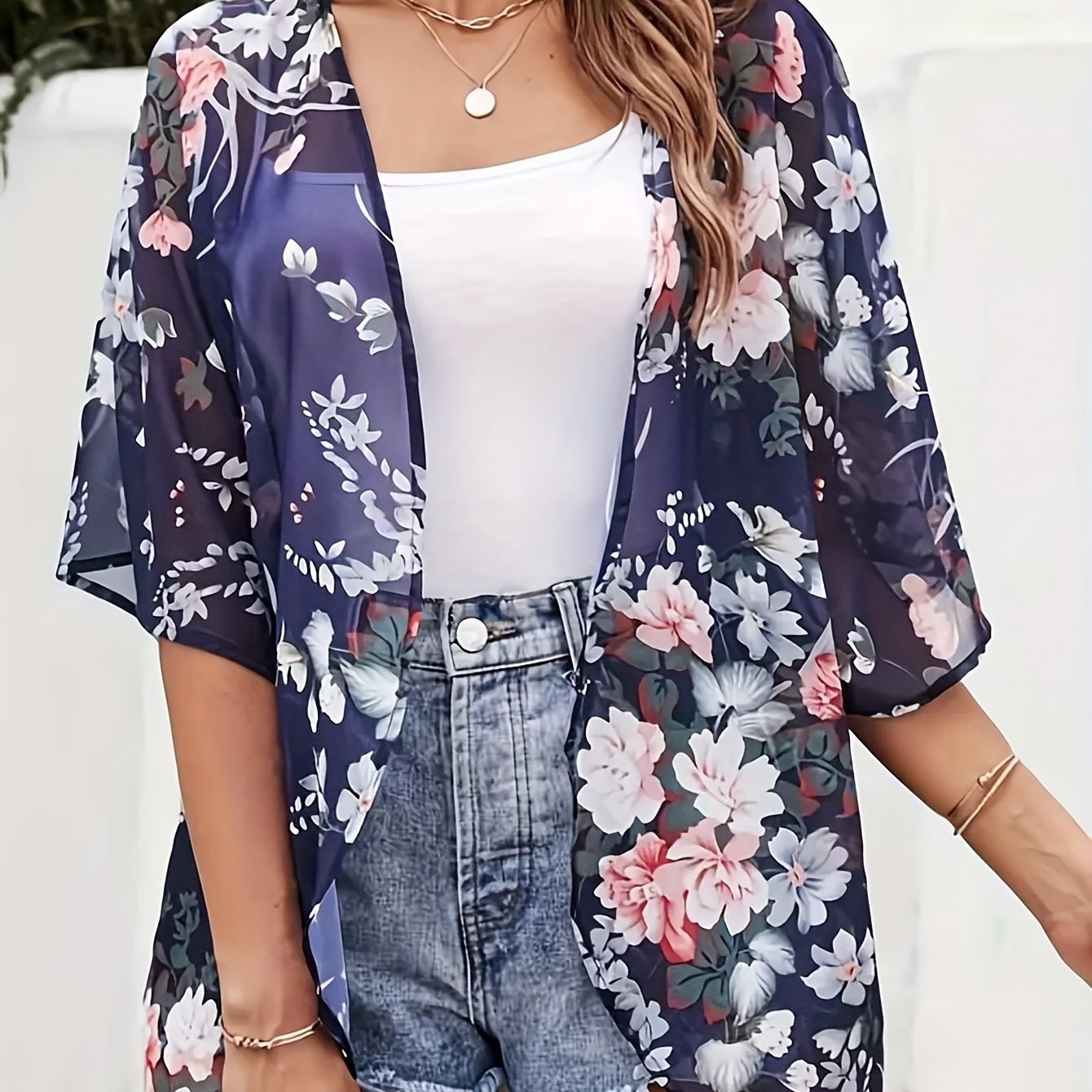 

Floral Print Sheer Open Front Jacket, Casual Half Sleeve Loose Jacket For Spring & Summer, Women's Clothing
