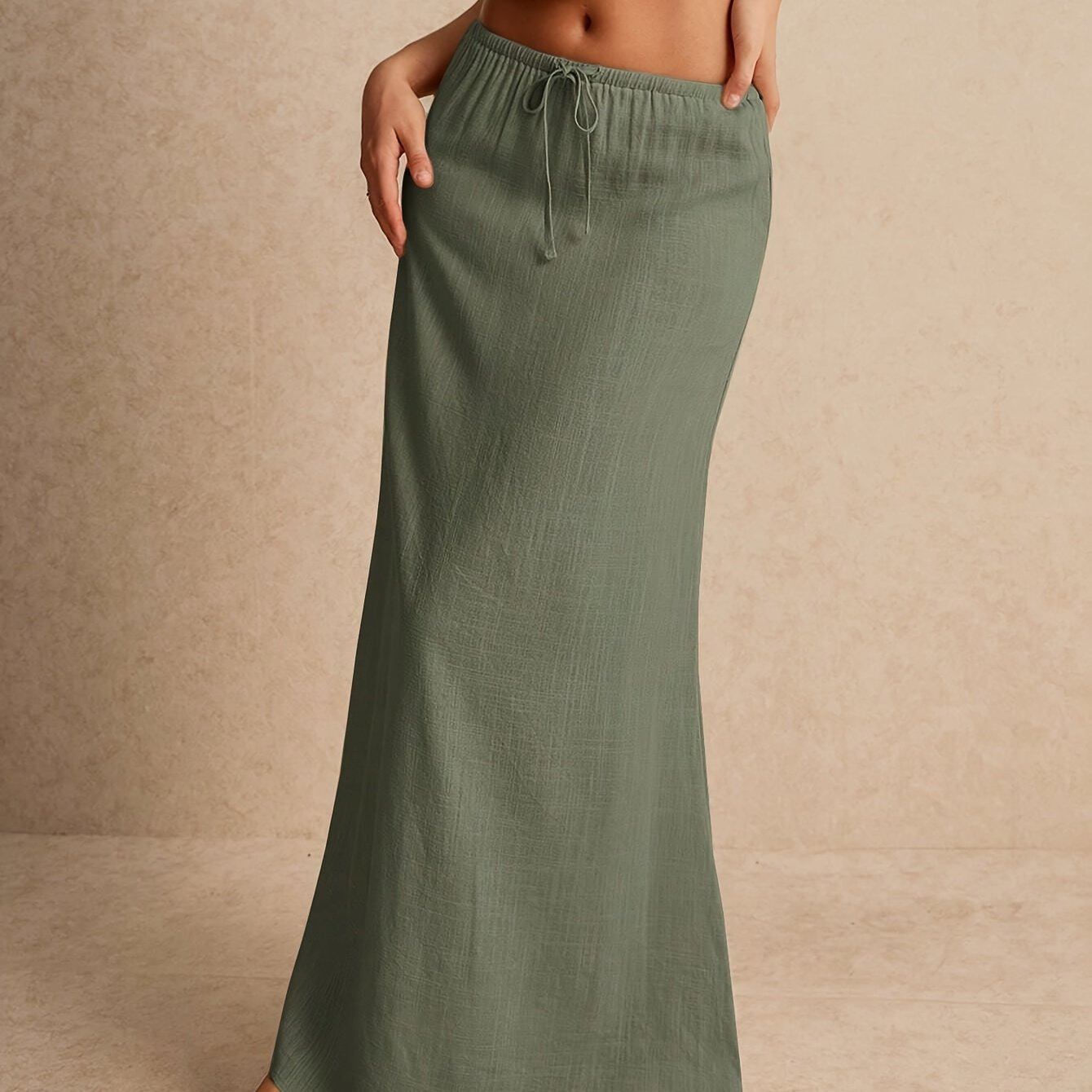 

Casual Midi Skirt With Elastic Waistband, Adjustable Tie, And For Spring, Summer, And Fall