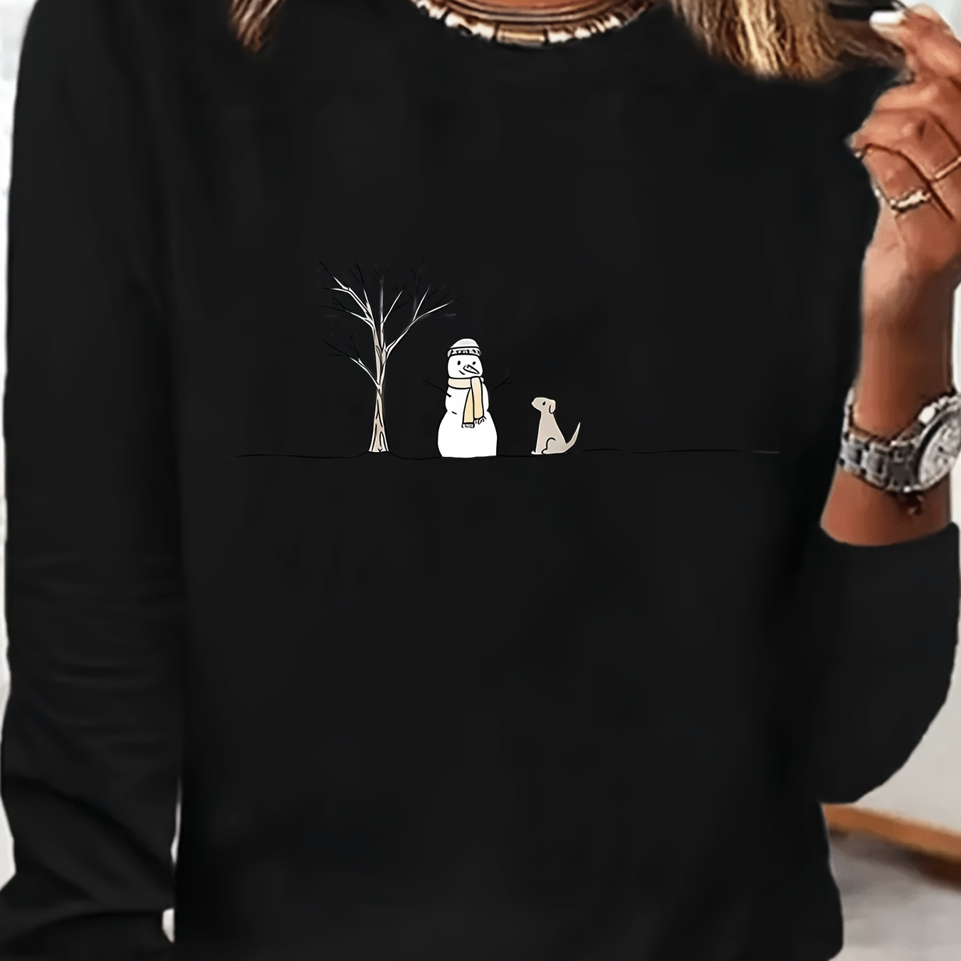 

Snowman & Puppy Print Comfy T-shirt, Round Neck Long Sleeve Sports Tee, Women's Activewear For Fall & Winter